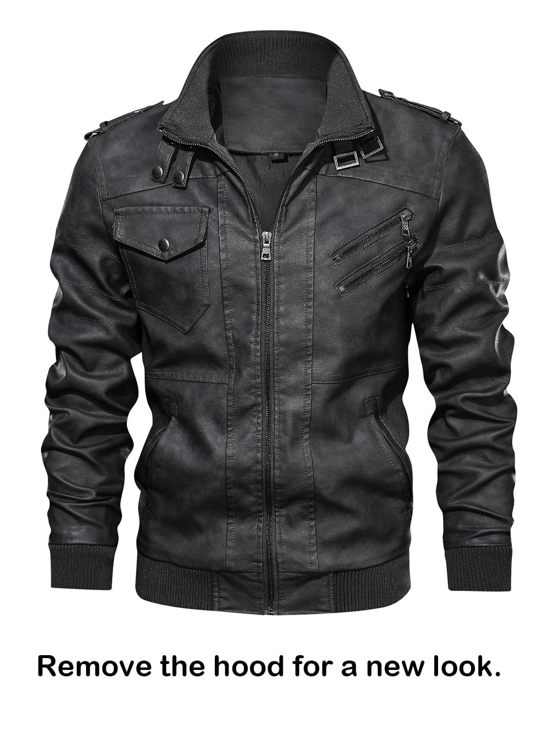 Hood Crew Men's Pu Faux Leather Jacket with Removable Hood Black L 