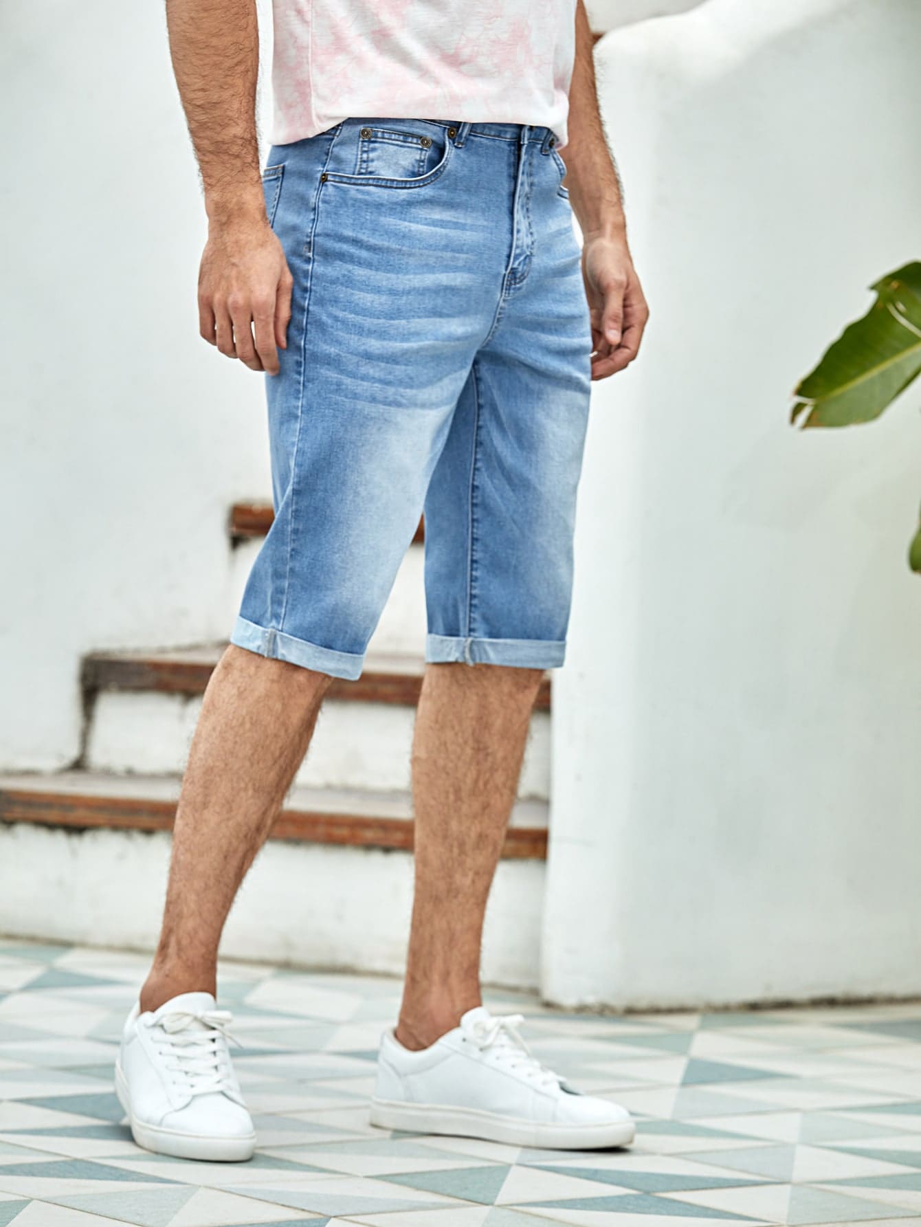 Men Washed Denim Bermuda Shorts 