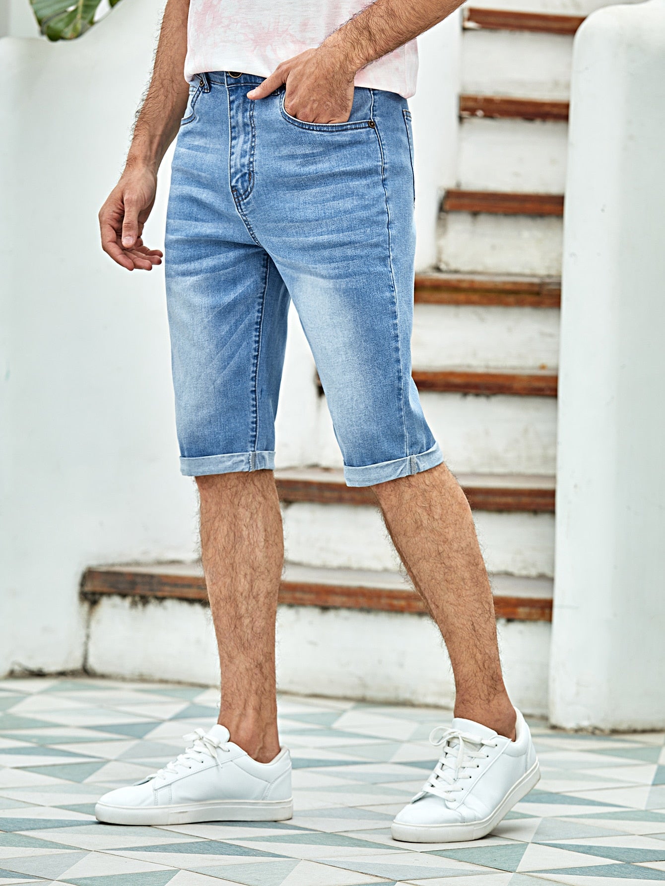 Men Washed Denim Bermuda Shorts 