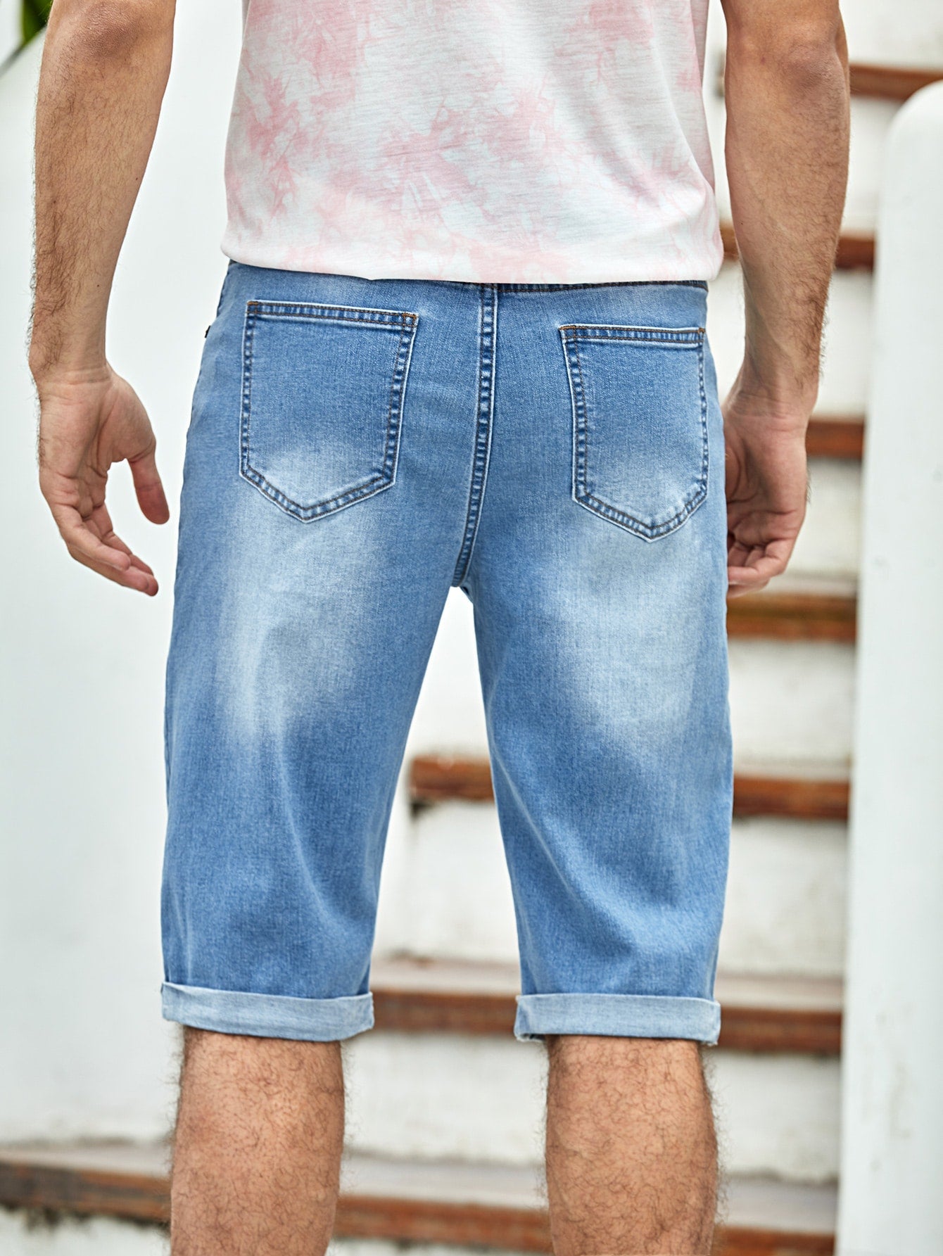 Men Washed Denim Bermuda Shorts 