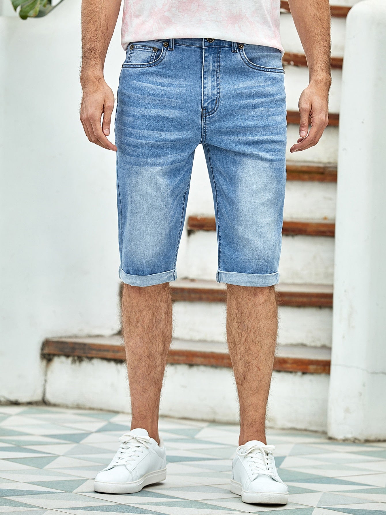 Men Washed Denim Bermuda Shorts 