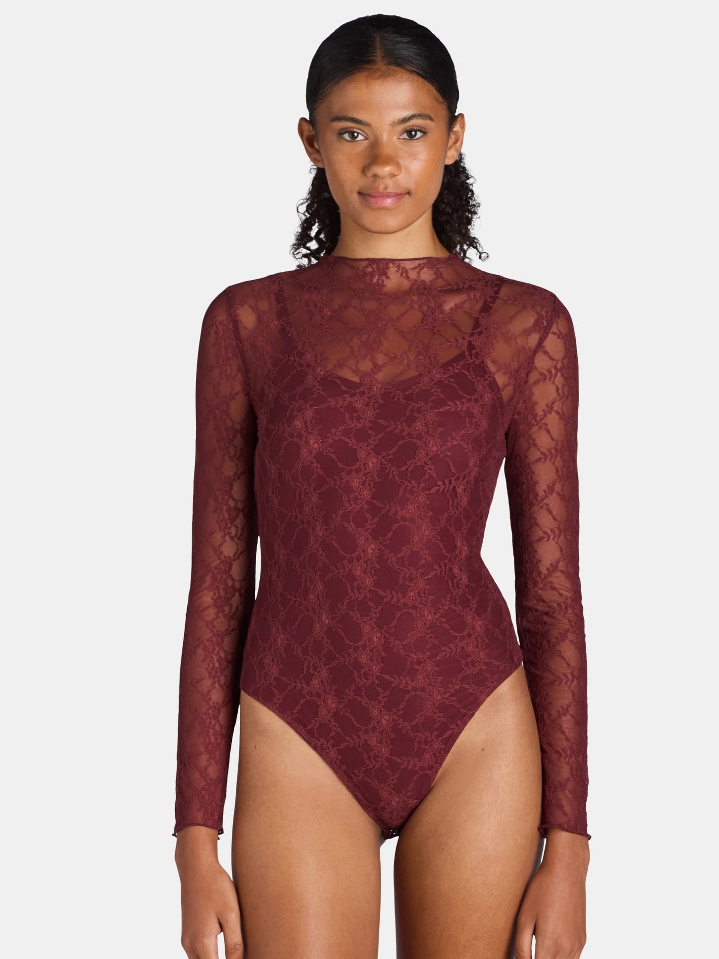 Made  NYC Women's Lace Bodysuit with Long Sleeves 