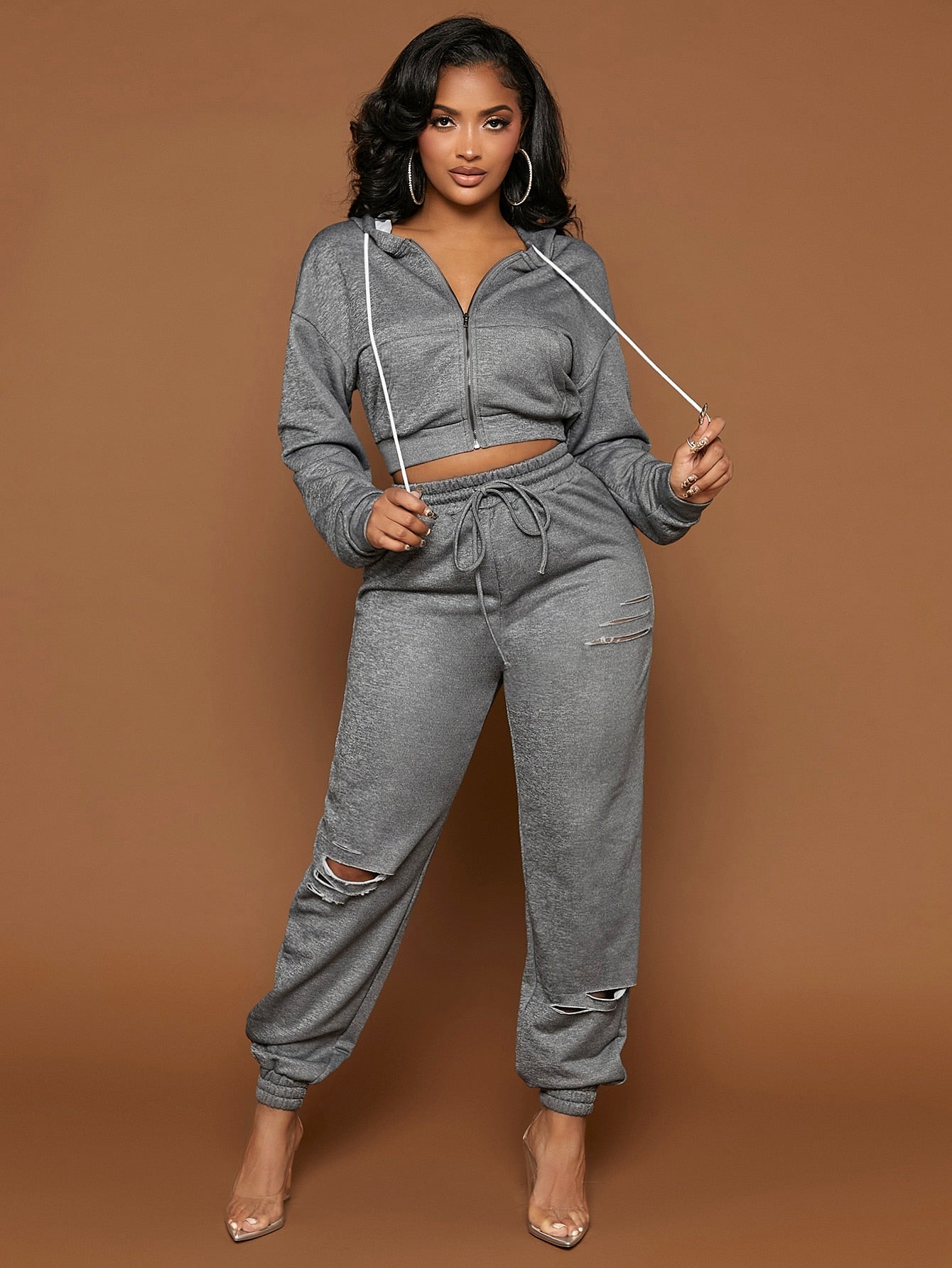 Zip Up Drop Shoulder Drawstring Crop Hoodie 