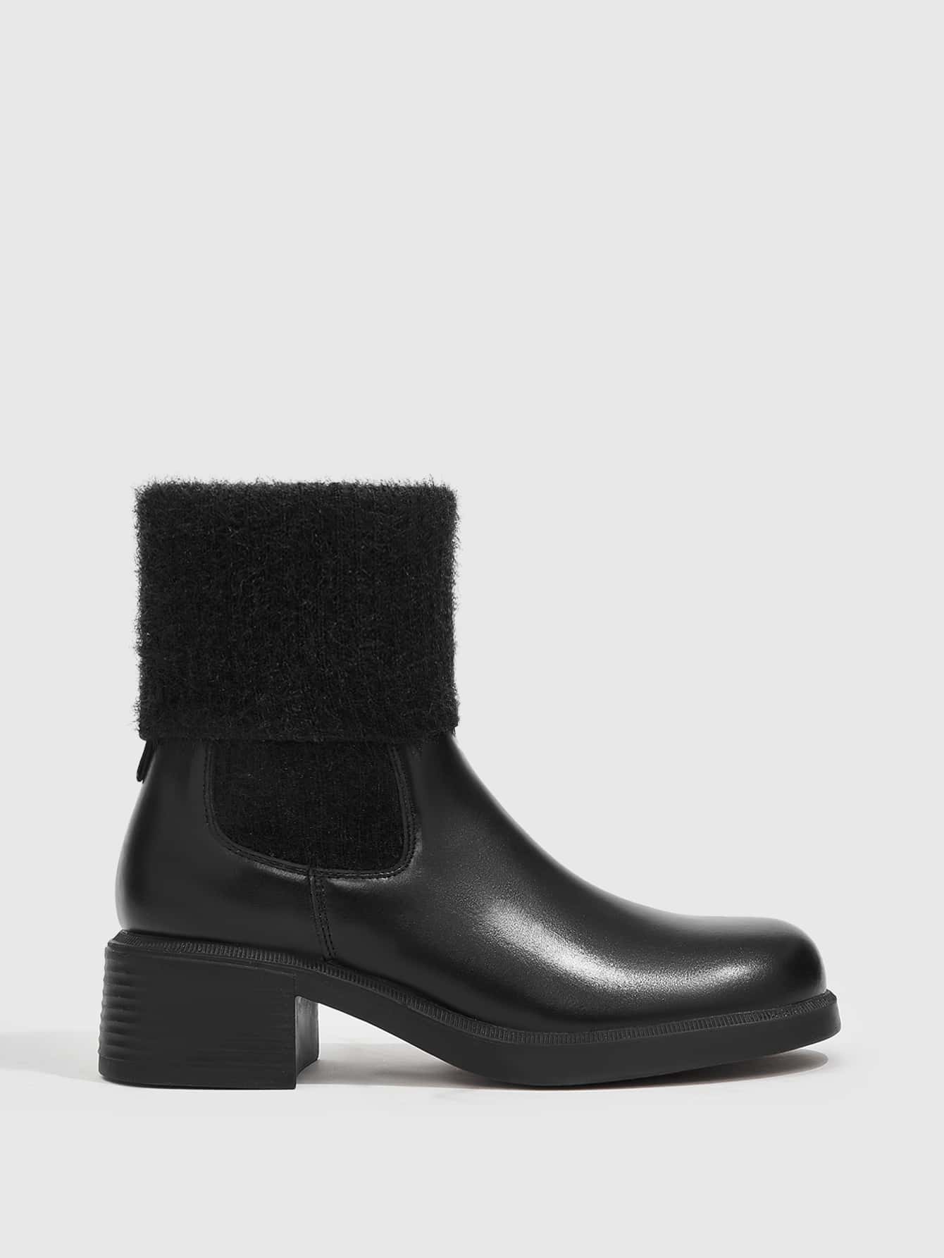 Fuzzy Panel Chunky Heeled Chelsea Boots 