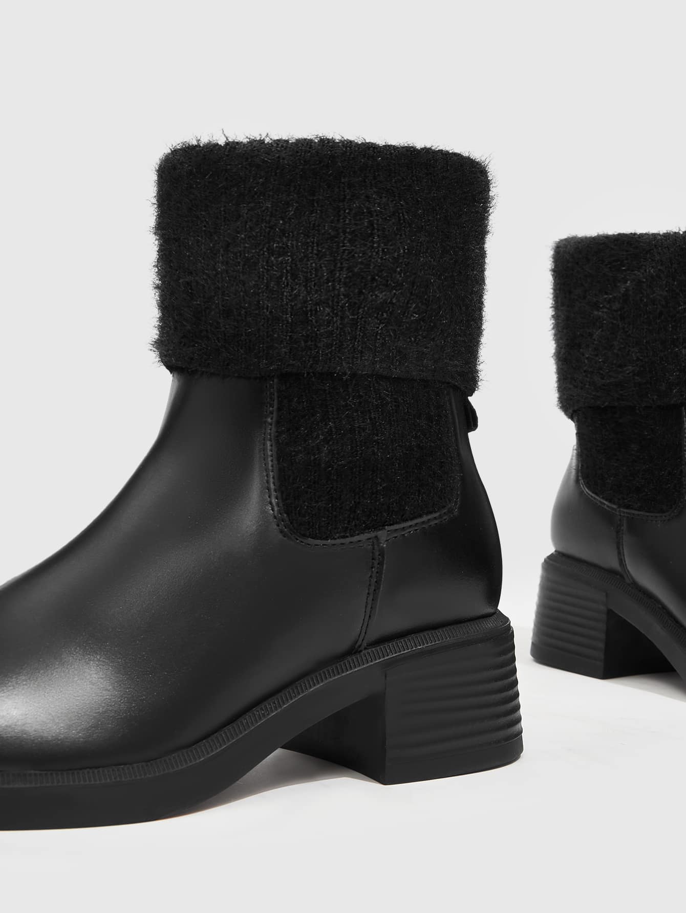 Fuzzy Panel Chunky Heeled Chelsea Boots 