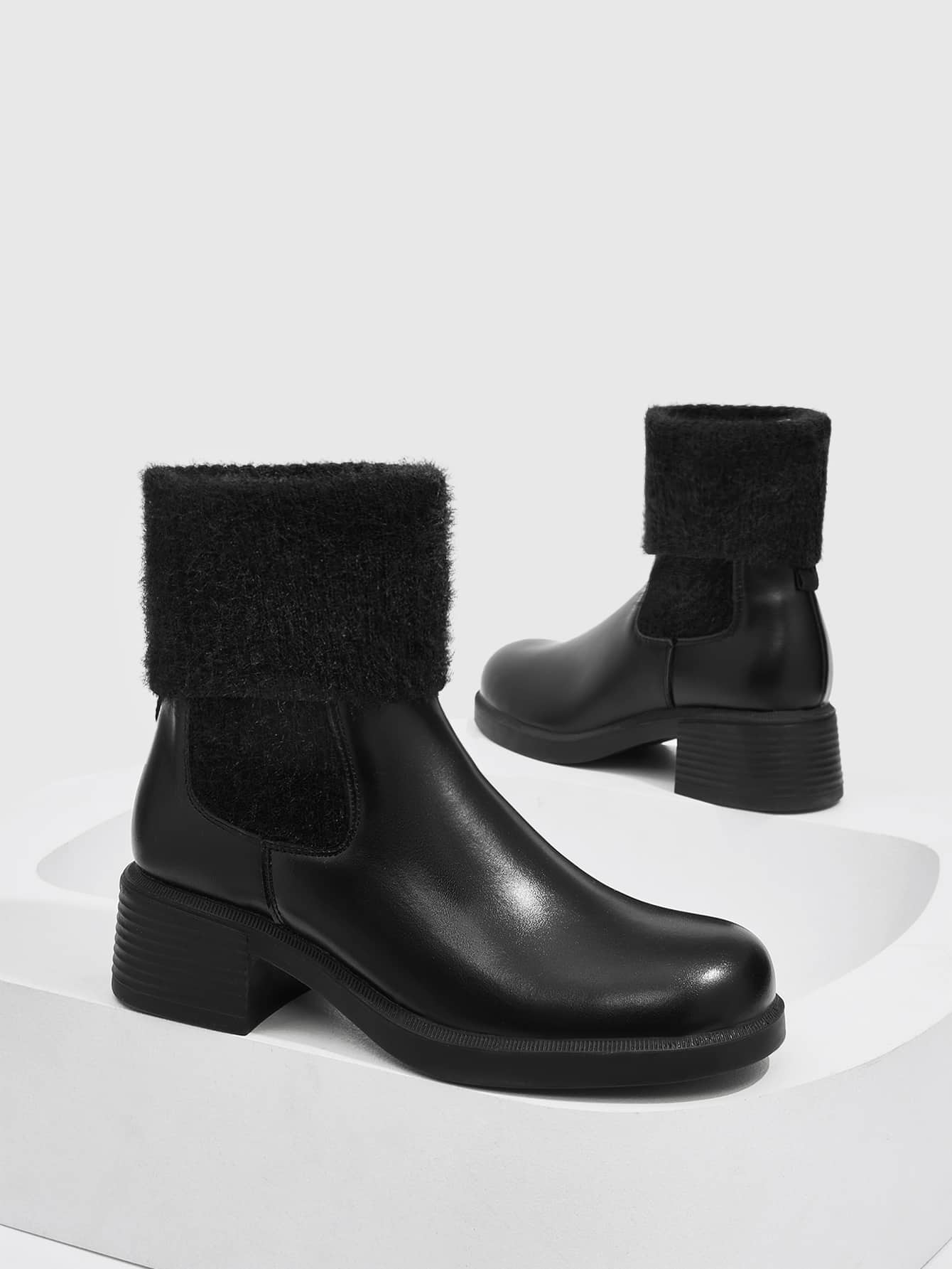 Fuzzy Panel Chunky Heeled Chelsea Boots 