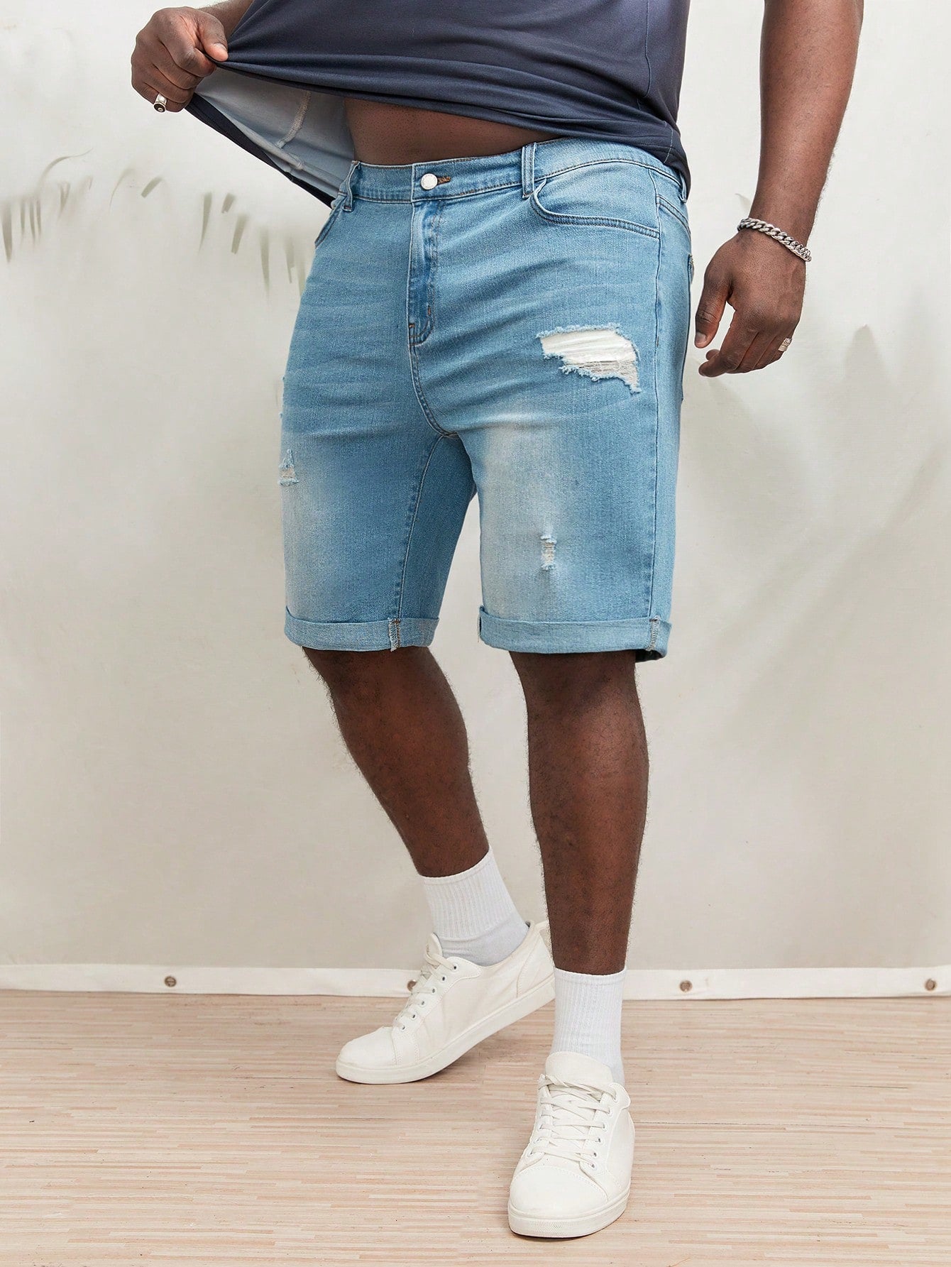 Ripped Frayed Bleach Wash Bermuda Denim Shorts 