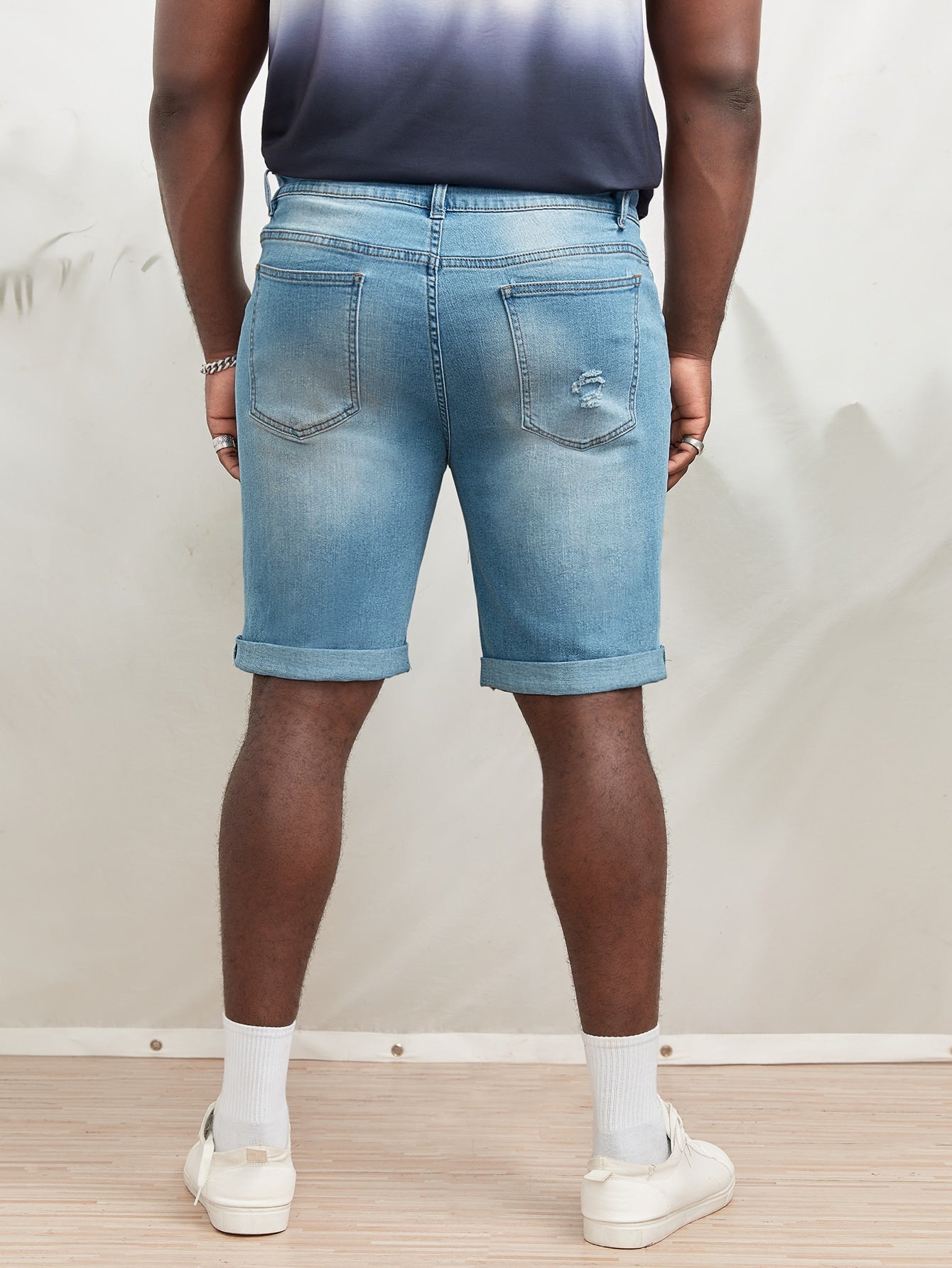 Ripped Frayed Bleach Wash Bermuda Denim Shorts 