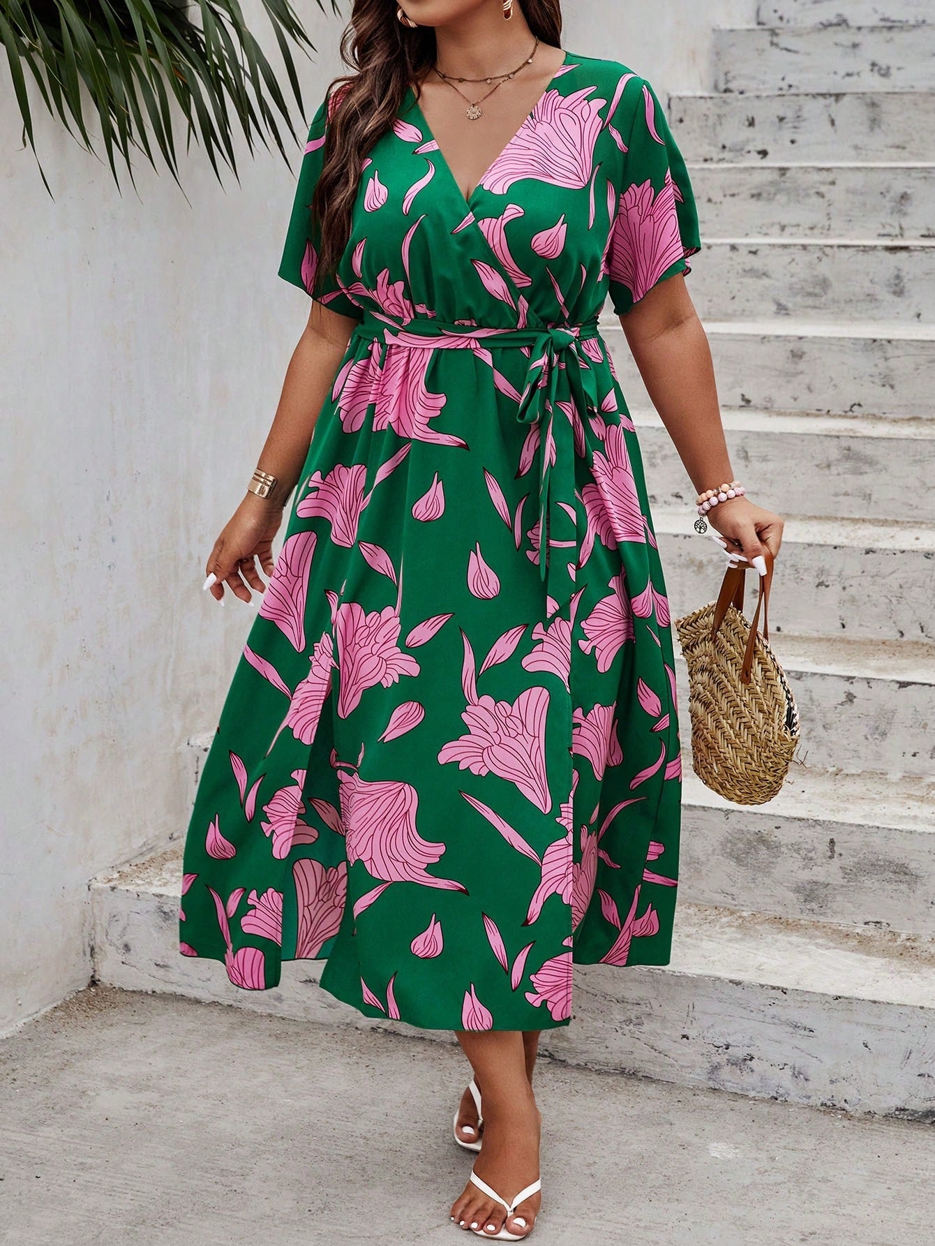 Plus Floral Print Butterfly Sleeve Split Thigh Belted Dress 