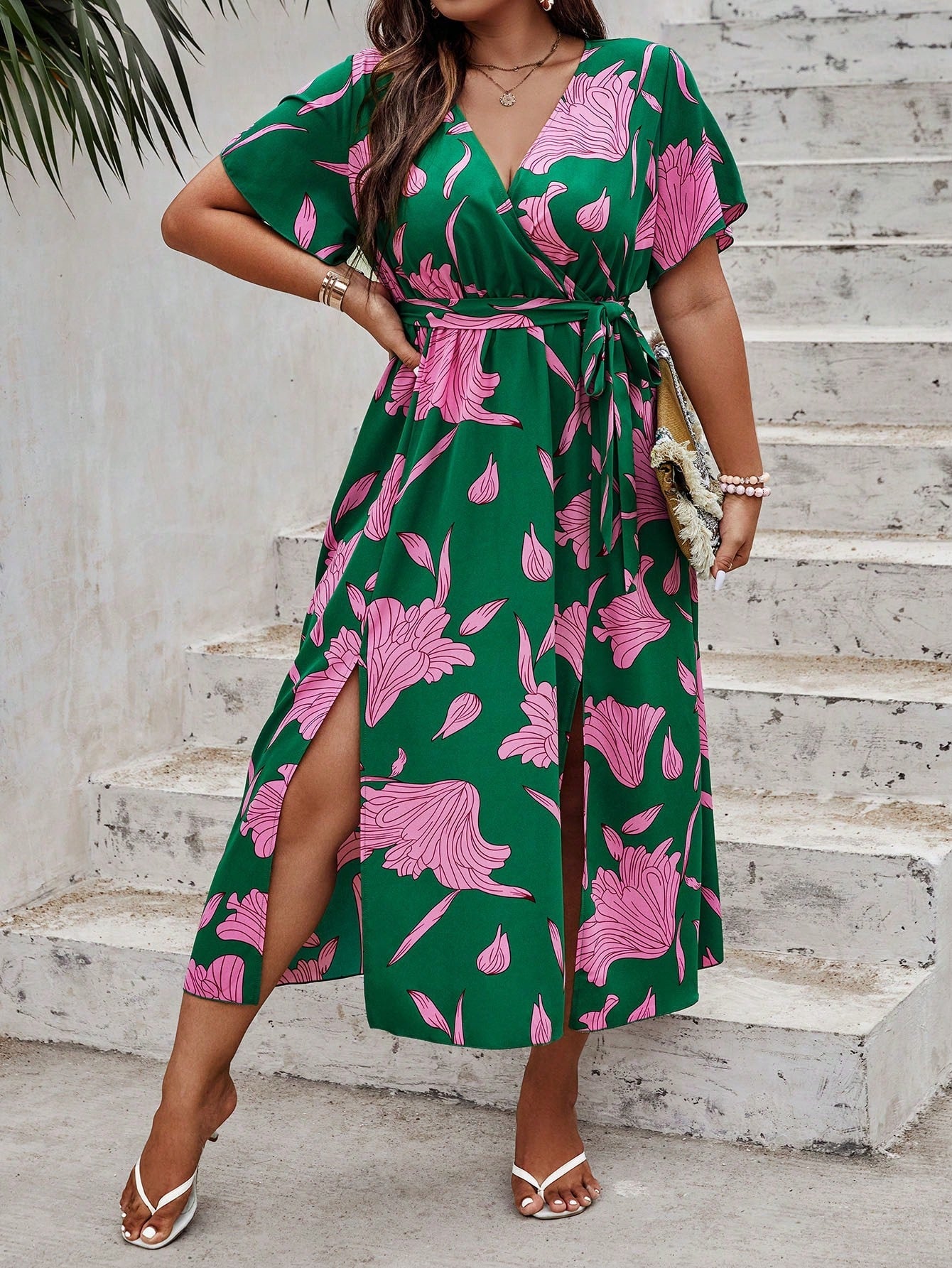 Plus Floral Print Butterfly Sleeve Split Thigh Belted Dress 