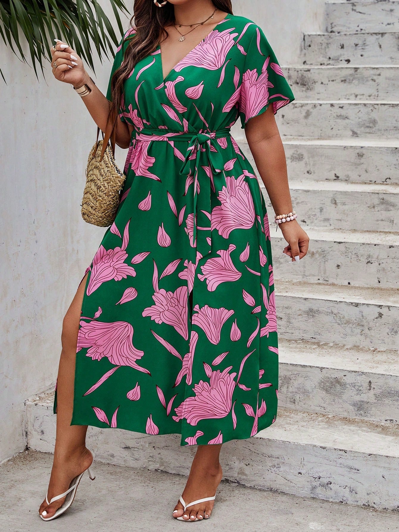 Plus Floral Print Butterfly Sleeve Split Thigh Belted Dress 