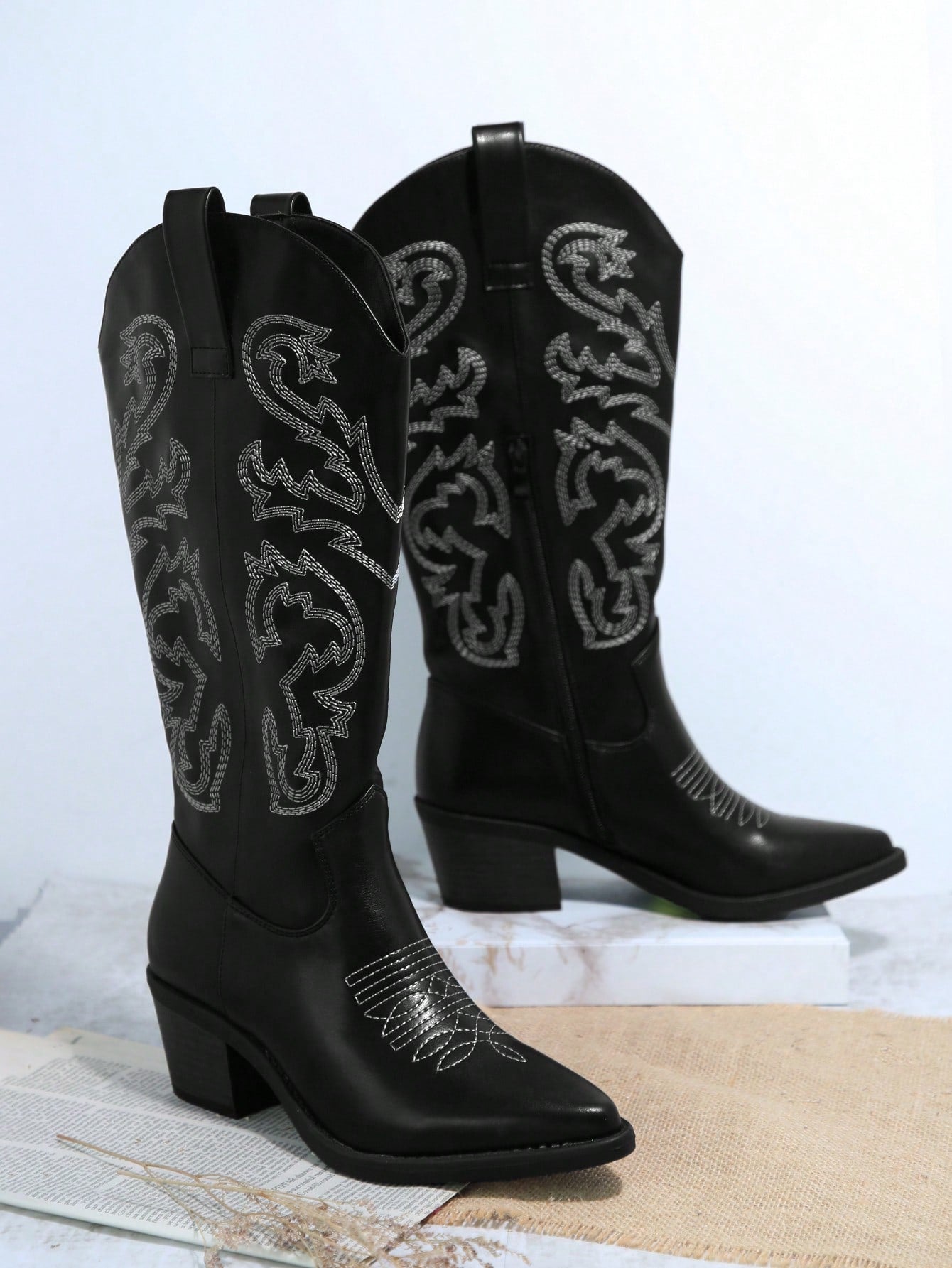 SHUZIA Embroidery  Chunky Heeled Cowgirl Boots 