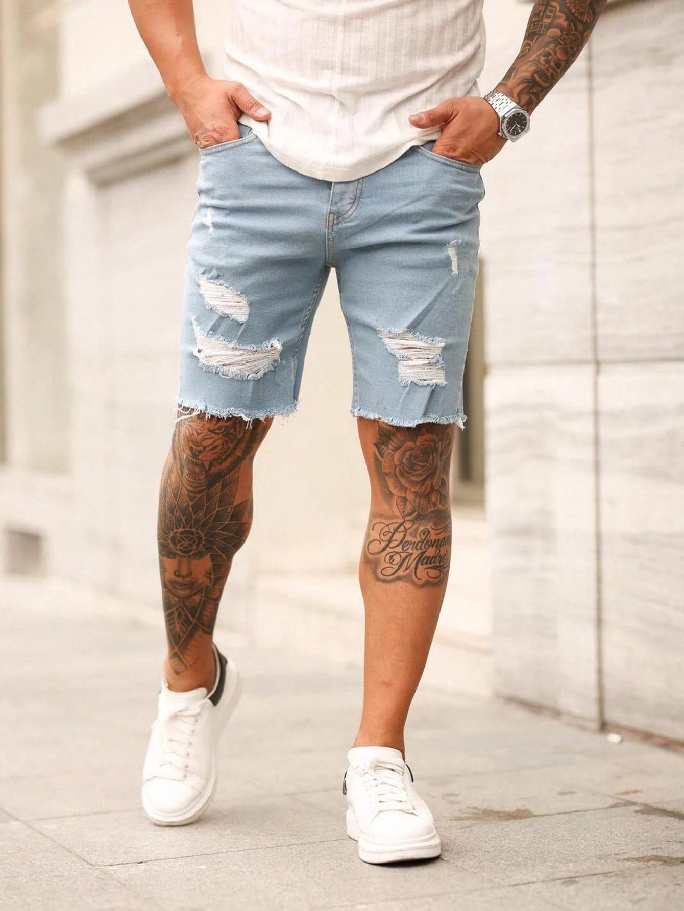 Cotton Ripped Raw Hem Denim Shorts 