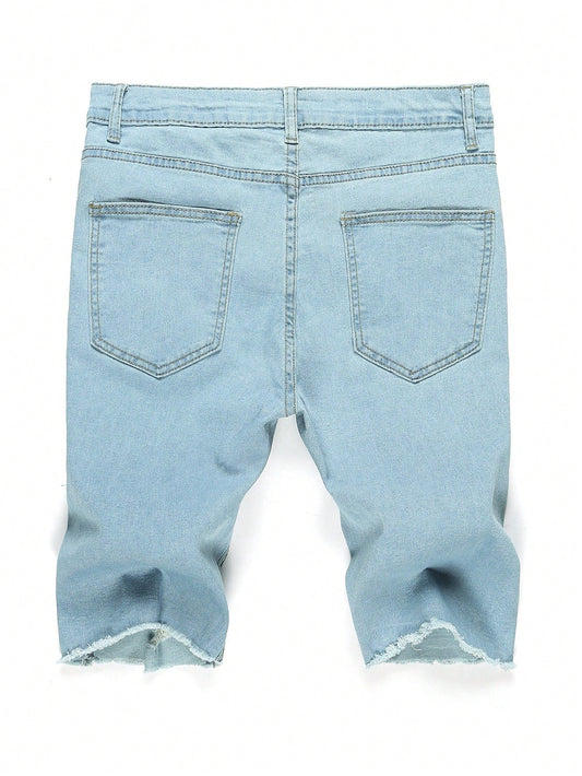 Cotton Ripped Raw Hem Denim Shorts 