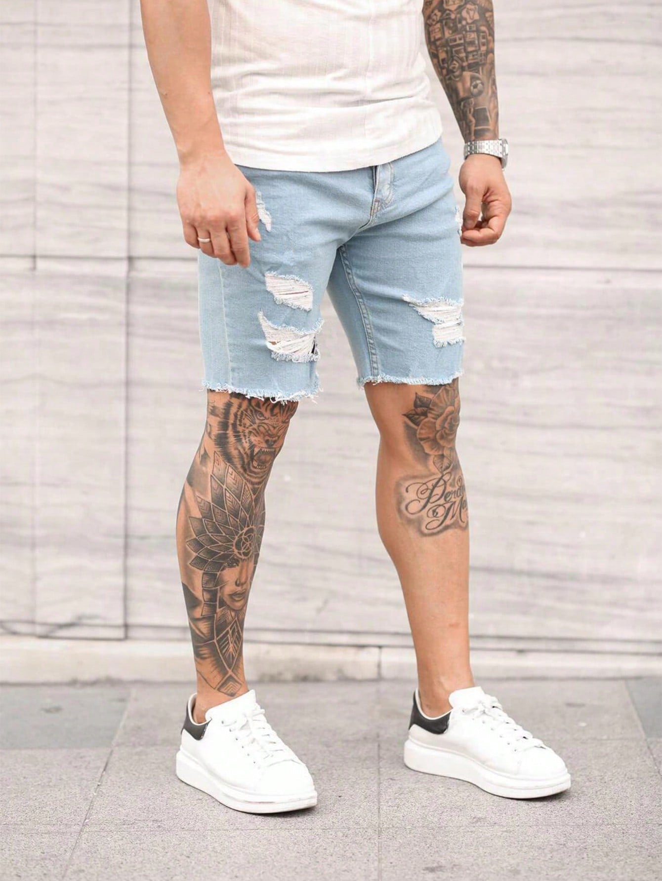 Cotton Ripped Raw Hem Denim Shorts 