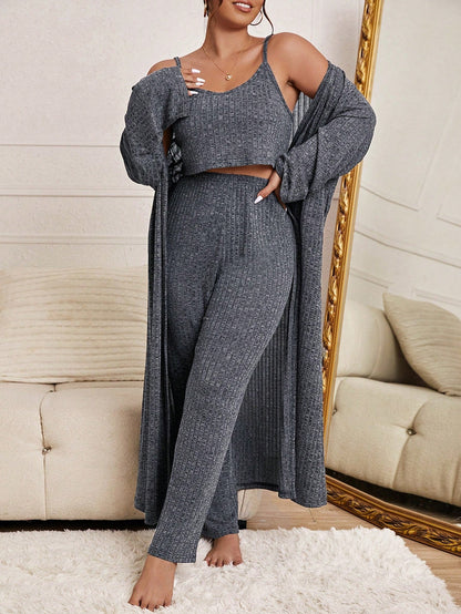 Plus Solid Cami Top & Pants & Robe PJ Set 