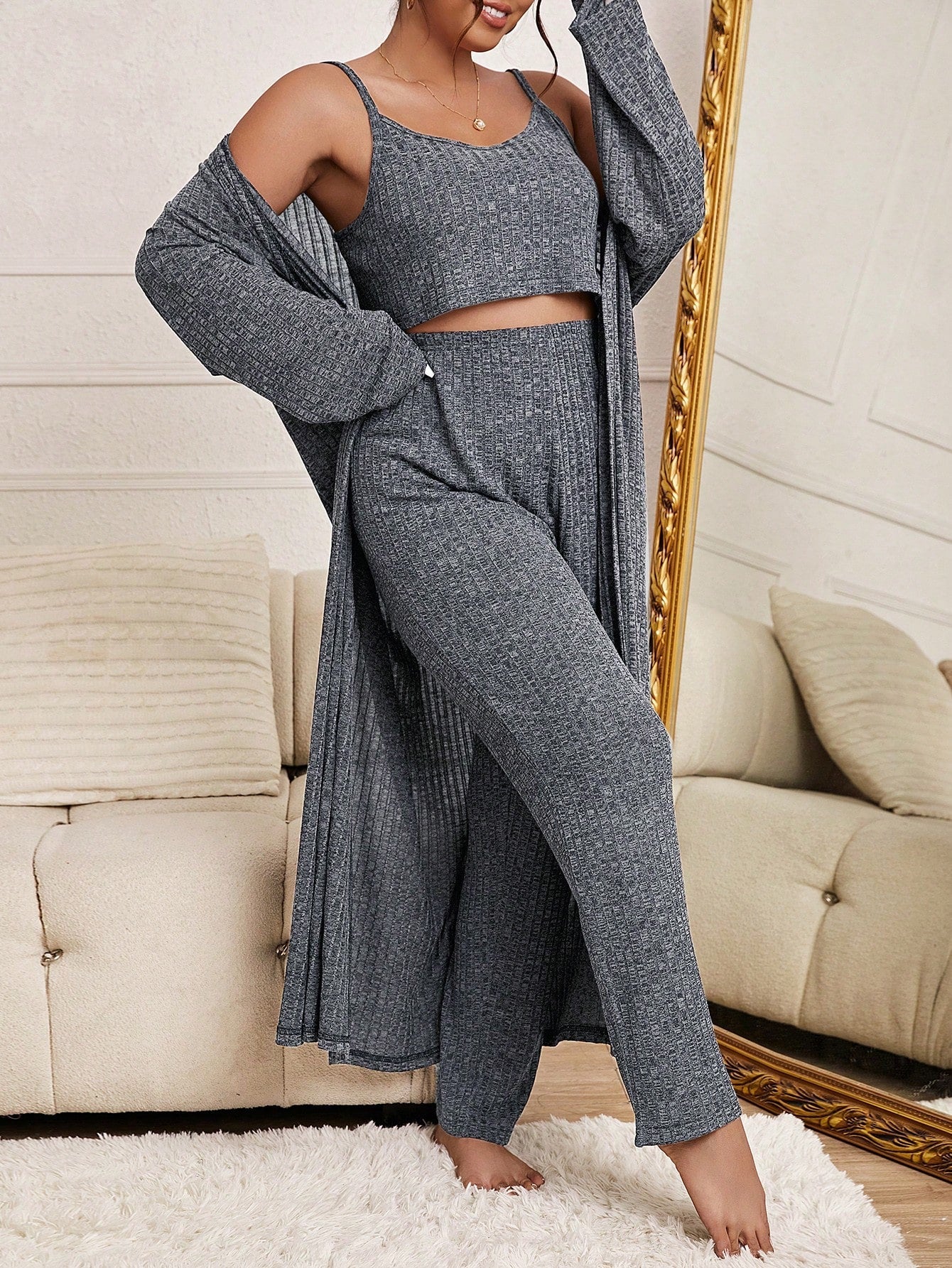 Plus Solid Cami Top & Pants & Robe PJ Set 