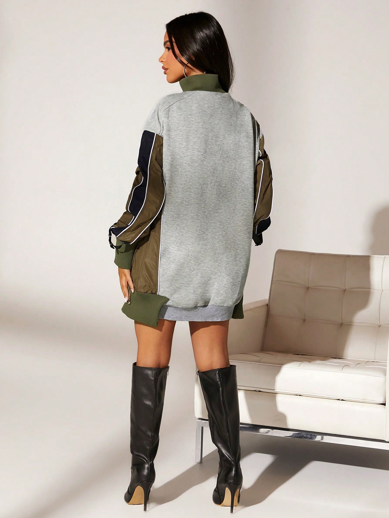 Colorblock Zip Up Drop Shoulder Sweatshirt 