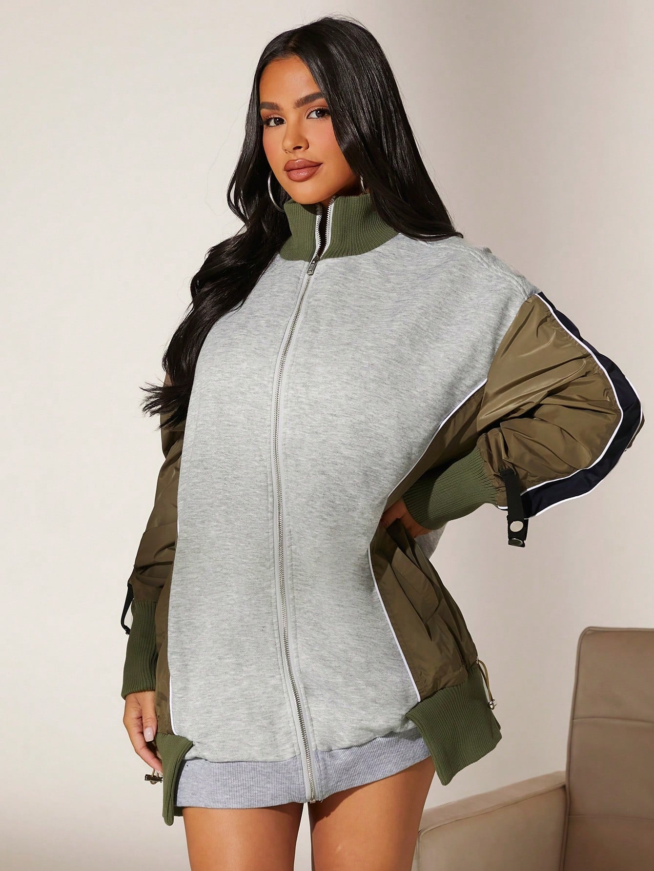 Colorblock Zip Up Drop Shoulder Sweatshirt 