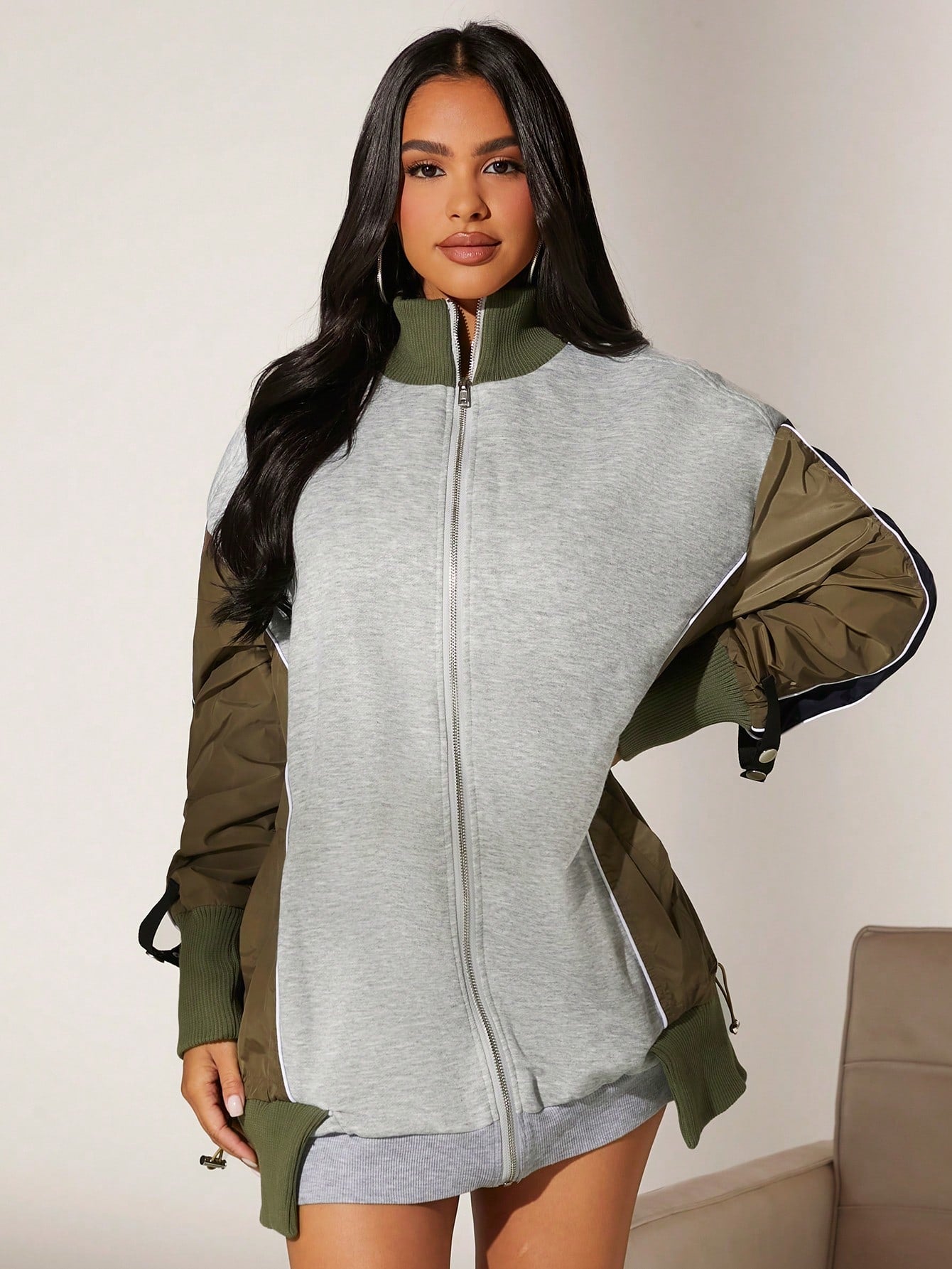 Colorblock Zip Up Drop Shoulder Sweatshirt 