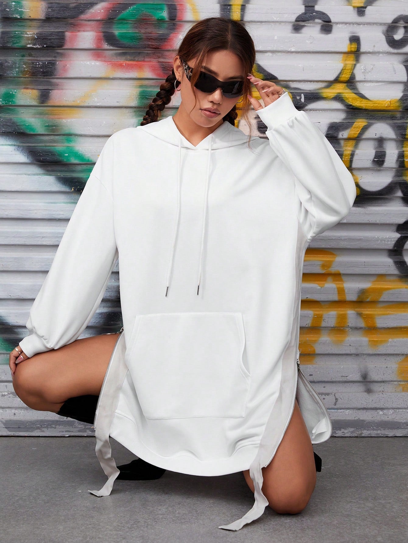 Split Hem Kangaroo Pocket Hoodie Dress 