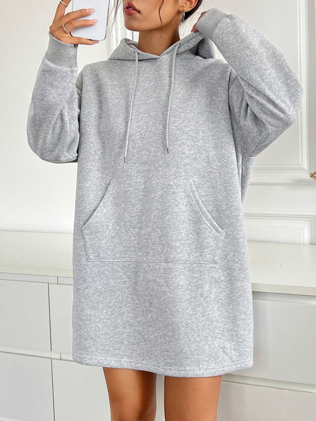 Kangaroo Pocket Drop Shoulder Drawstring Hoodie Dress 