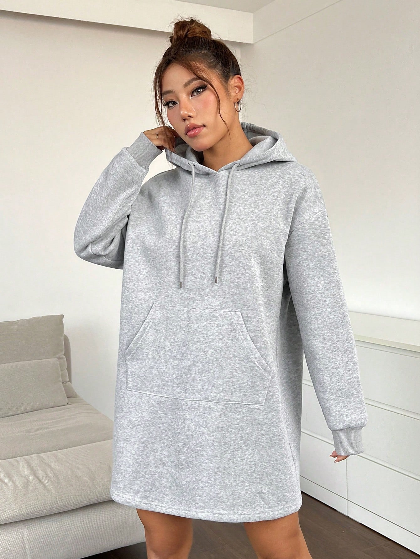 Kangaroo Pocket Drop Shoulder Drawstring Hoodie Dress 