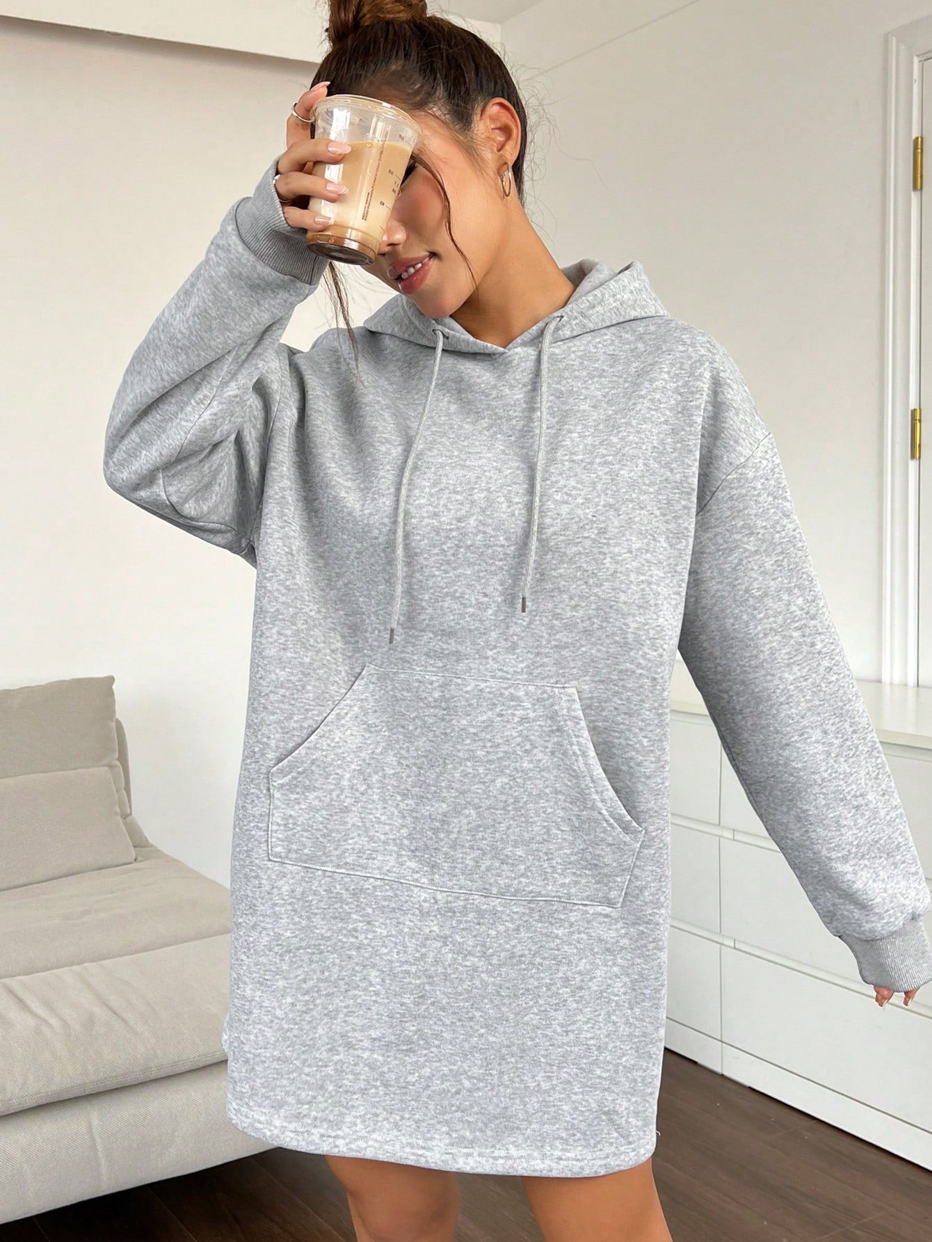 Kangaroo Pocket Drop Shoulder Drawstring Hoodie Dress 