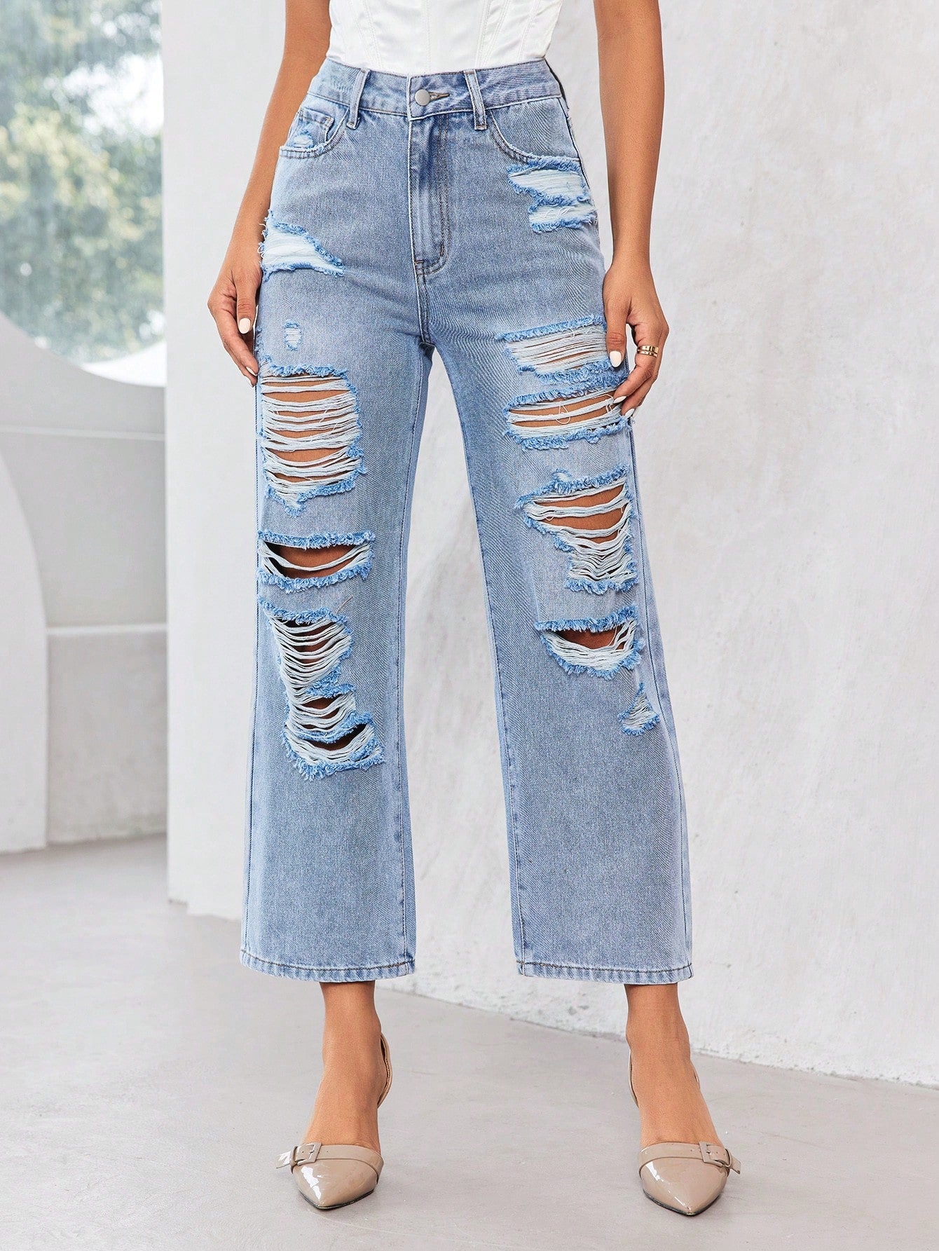 Ripped Straight Leg Jeans 