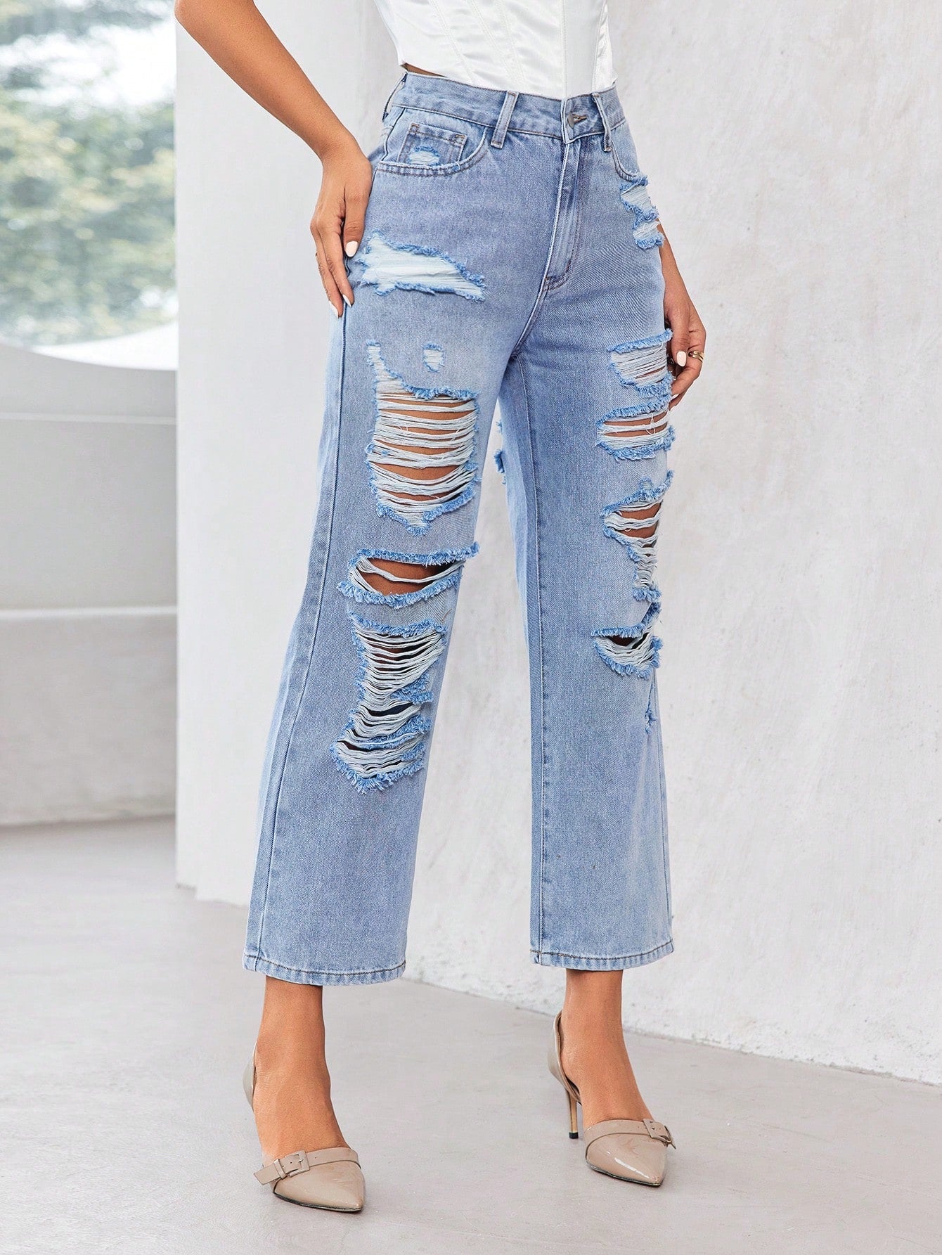 Ripped Straight Leg Jeans 