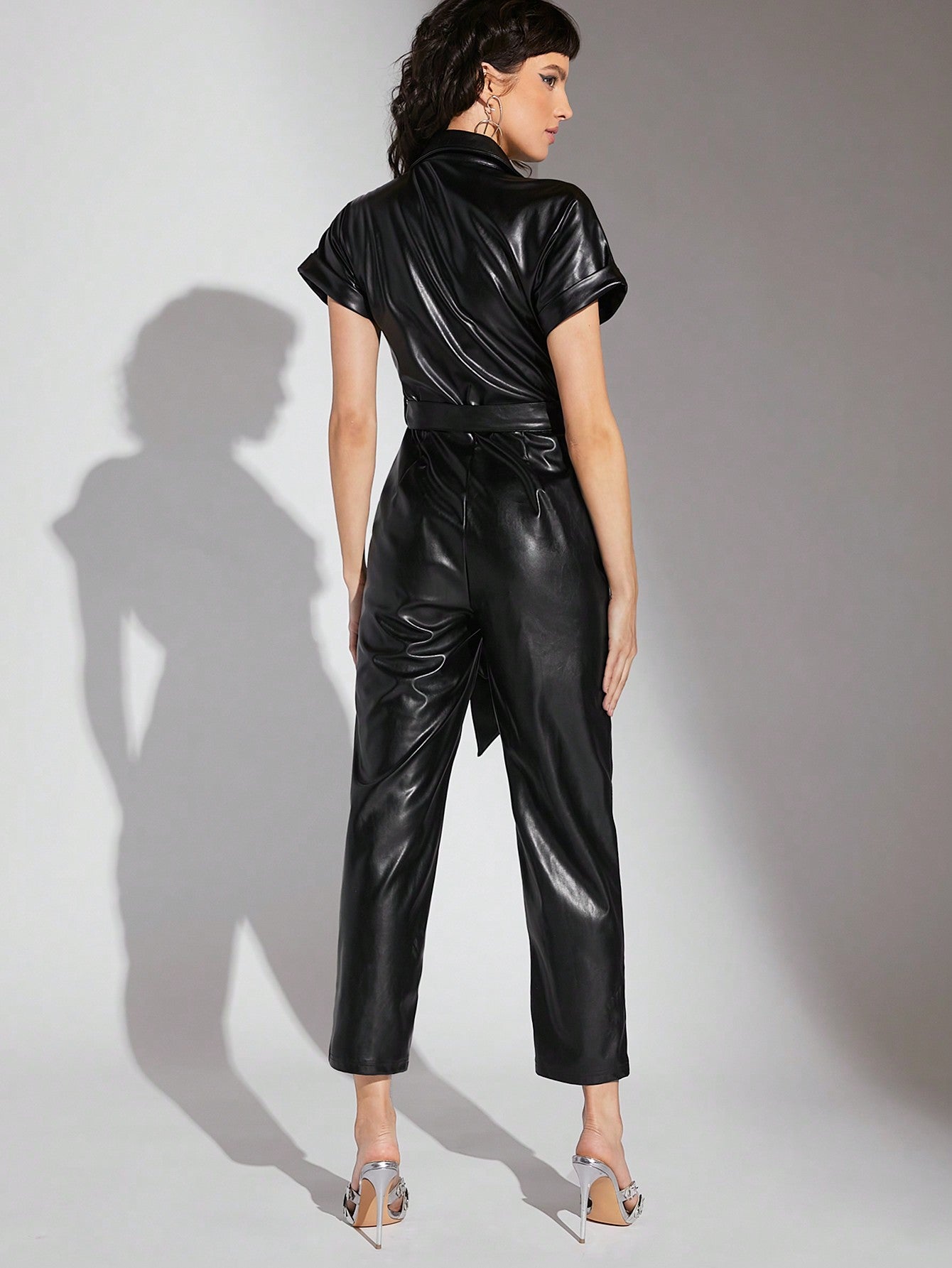 Button Up Belted PU Leather Jumpsuit 