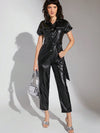 Button Up Belted PU Leather Jumpsuit 