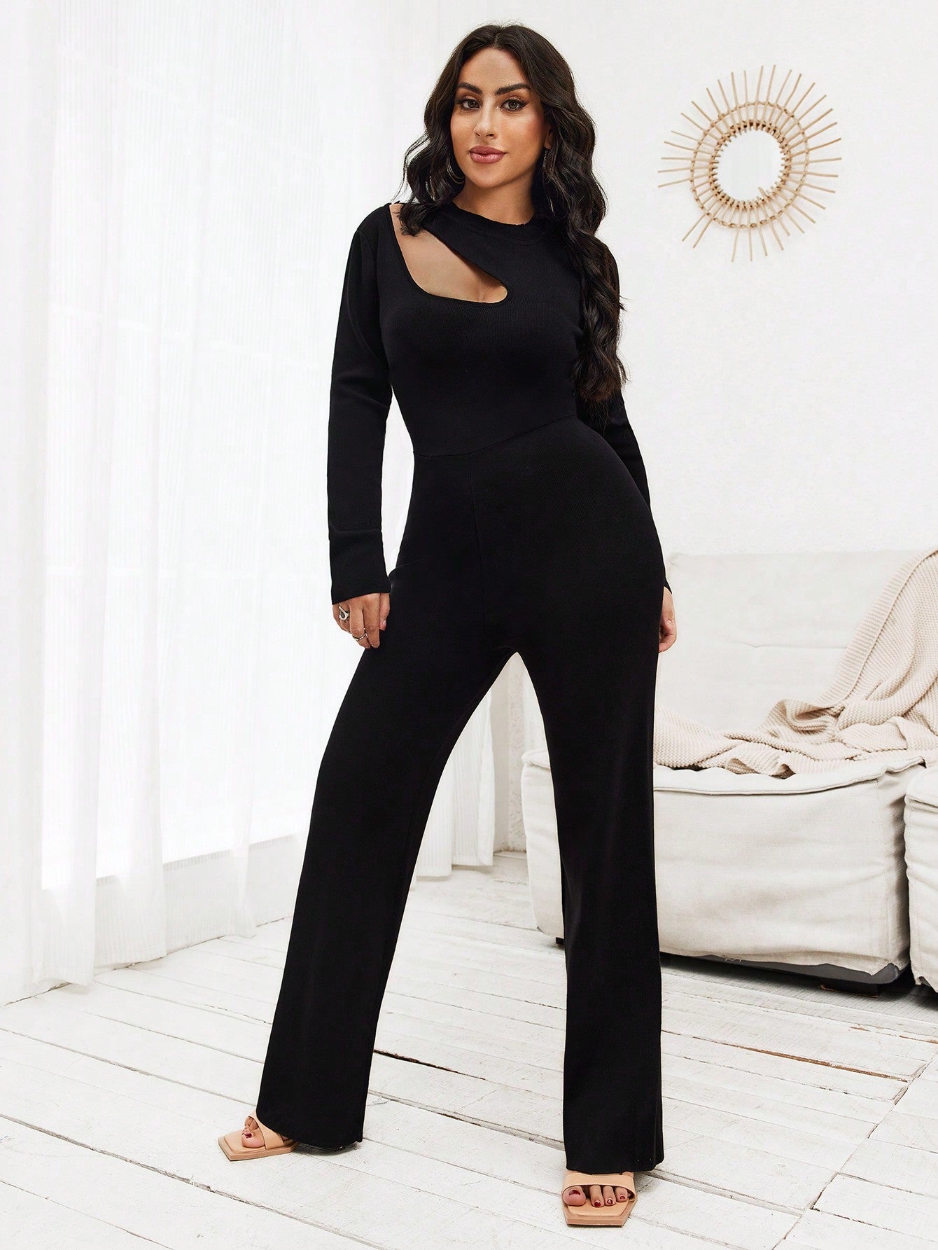 Cut Out Shoulder Flare Leg Jumpsuit 