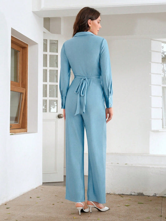 Women's Waist-crossed Shirt Jumpsuit 