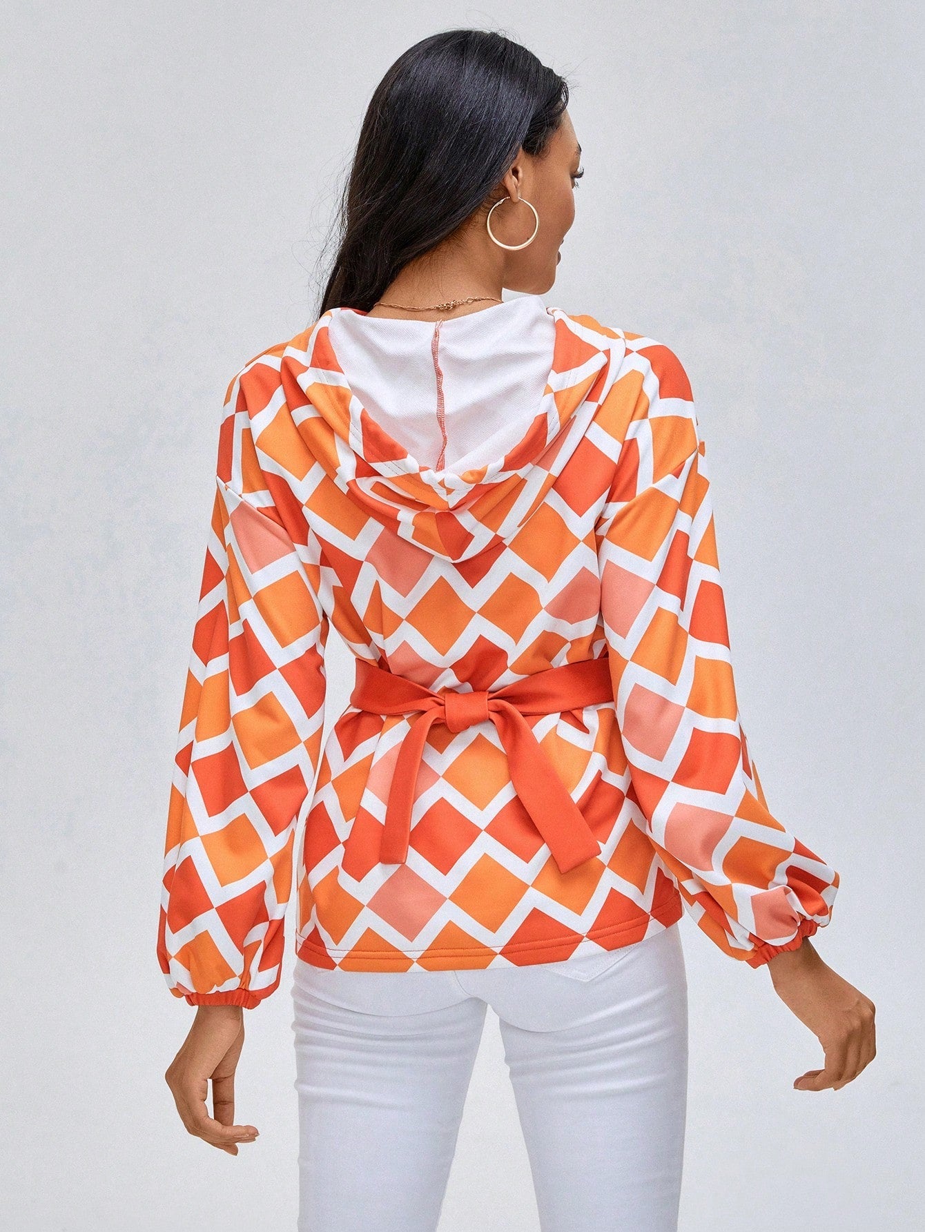 Argyle Print Drop Shoulder Drawstring Hoodie 