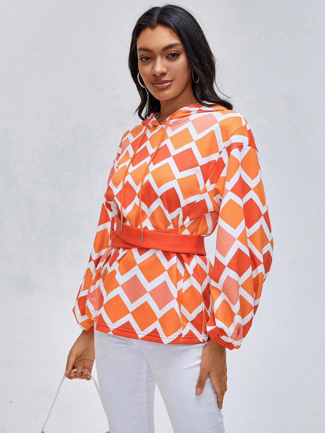 Argyle Print Drop Shoulder Drawstring Hoodie 