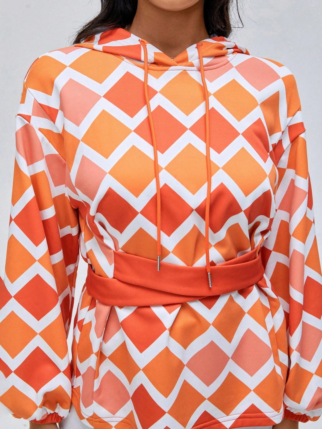 Argyle Print Drop Shoulder Drawstring Hoodie 