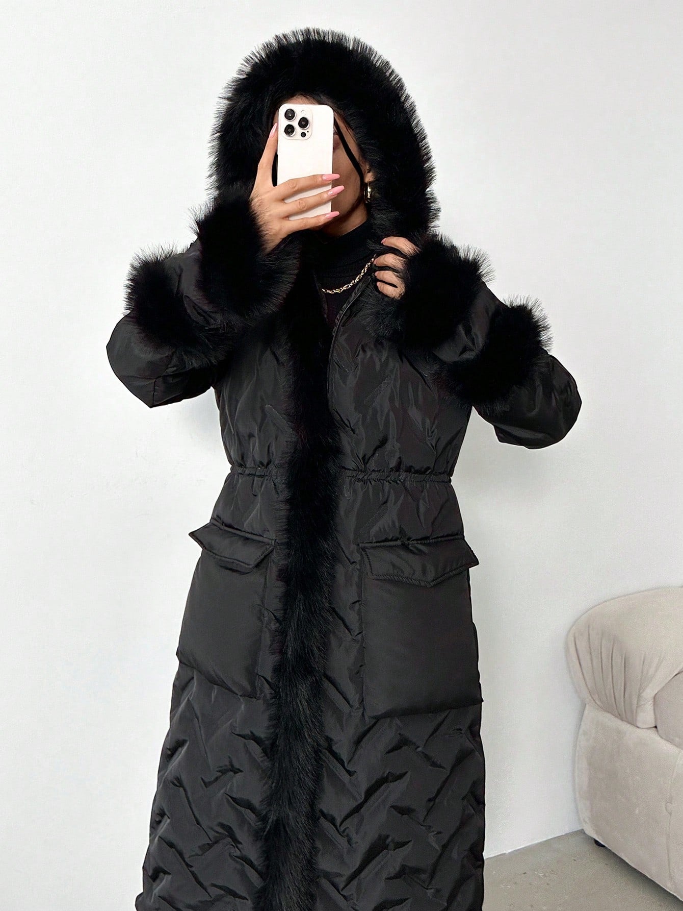 Patchwork Hem Long Padded Coat 