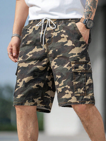 Camouflage Print Drawstring Utility Denim Shorts 