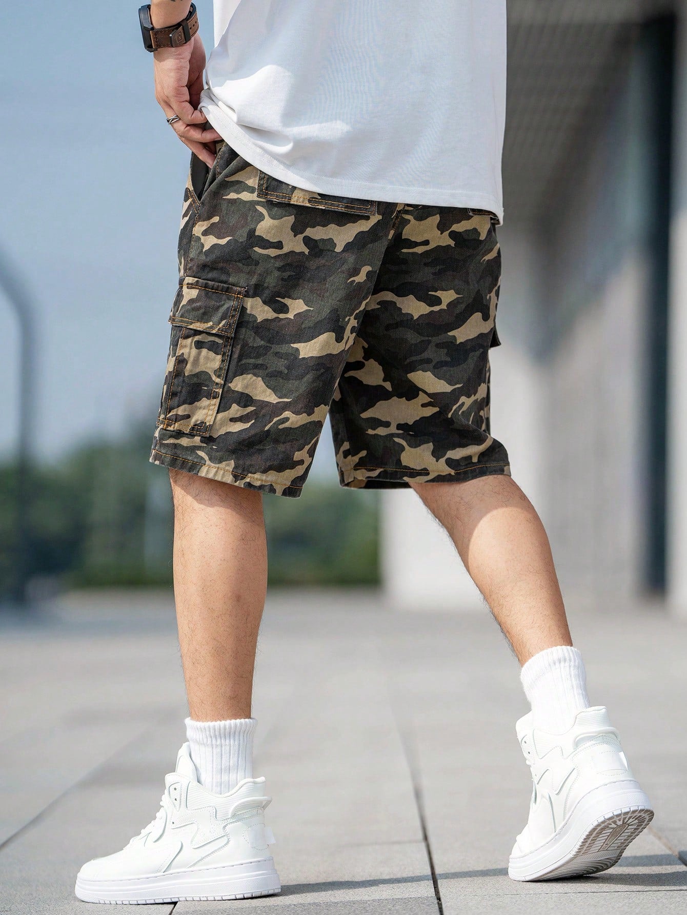 Camouflage Print Drawstring Utility Denim Shorts 