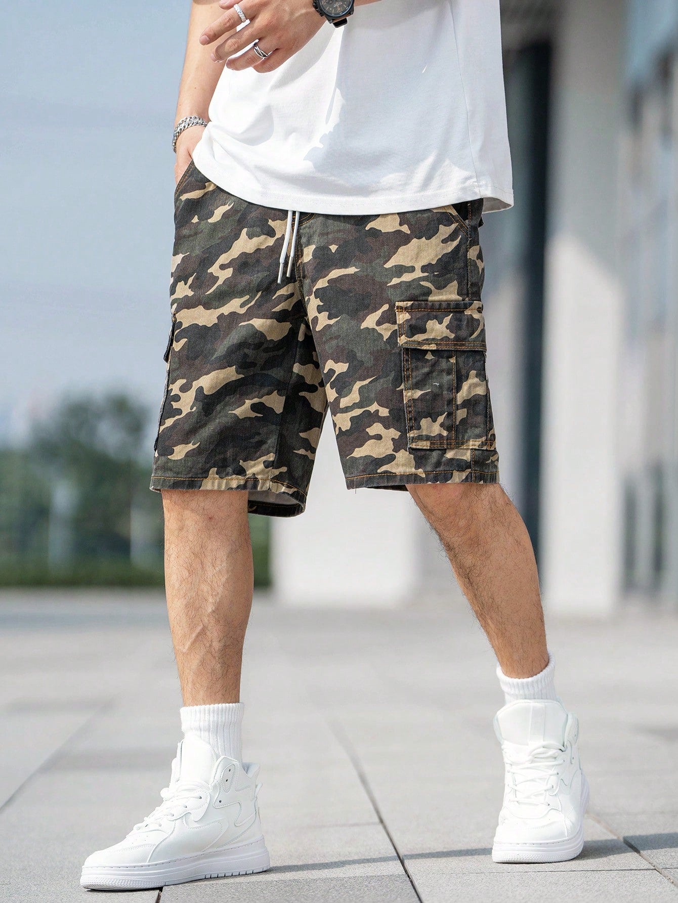 Camouflage Print Drawstring Utility Denim Shorts 