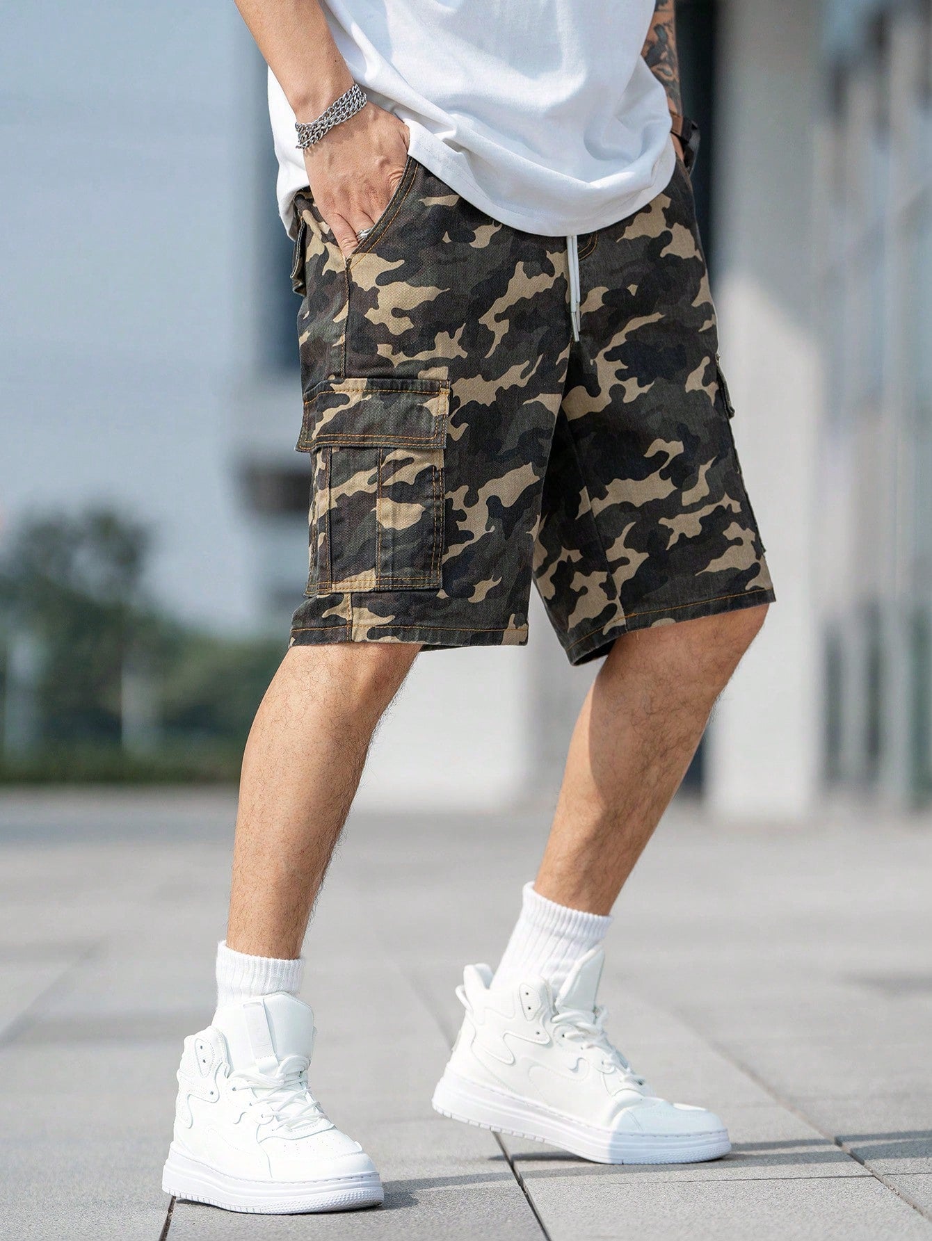 Camouflage Print Drawstring Utility Denim Shorts 