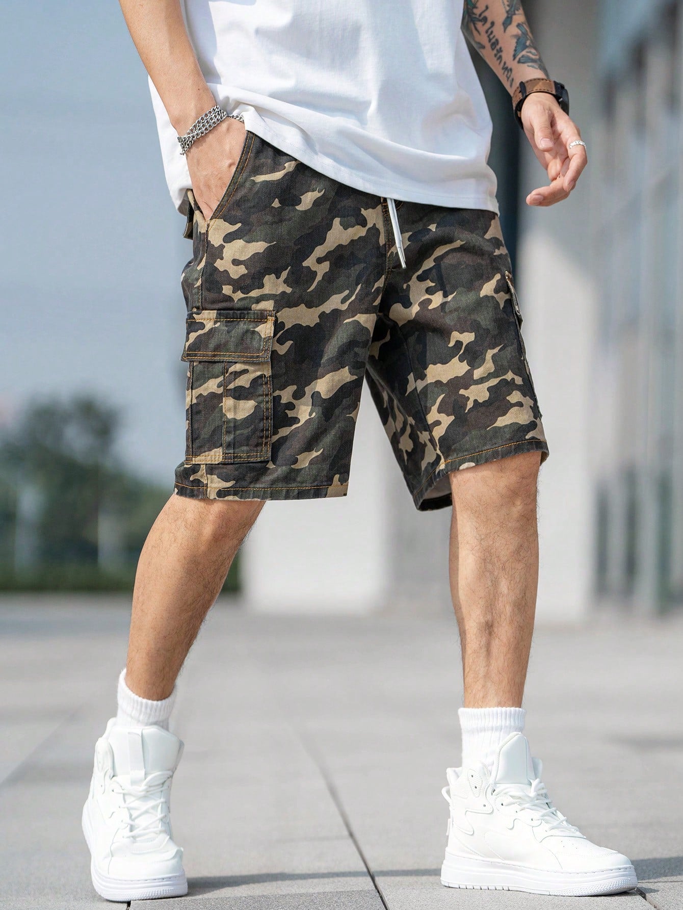 Camouflage Print Drawstring Utility Denim Shorts 