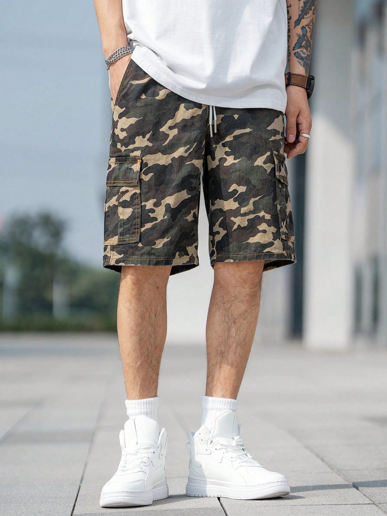 Camouflage Print Drawstring Utility Denim Shorts 