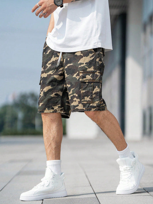 Camouflage Print Drawstring Utility Denim Shorts 