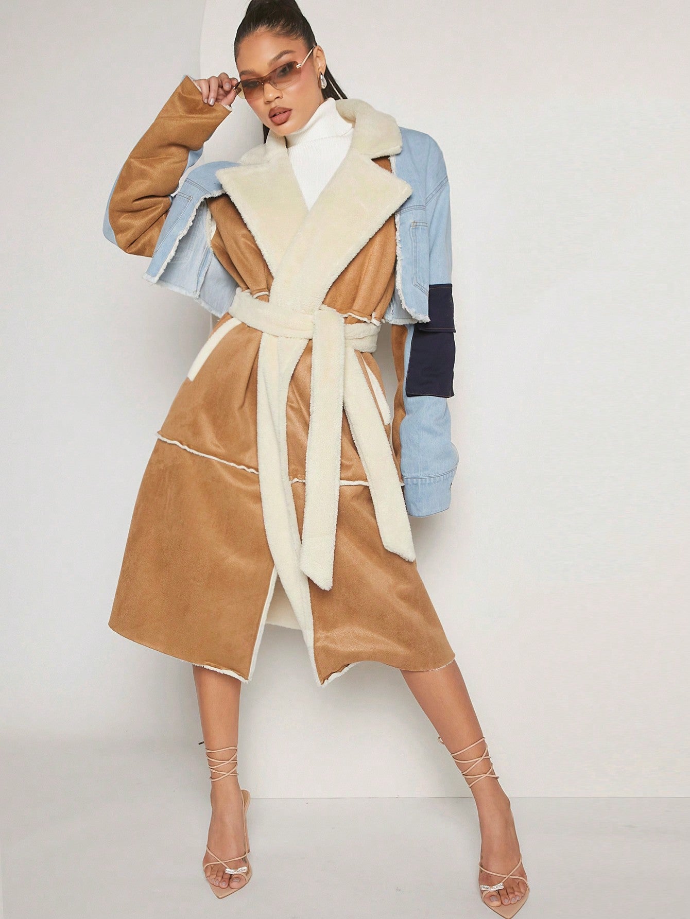 Haute Colorblock Lapel Neck Belted Coat 