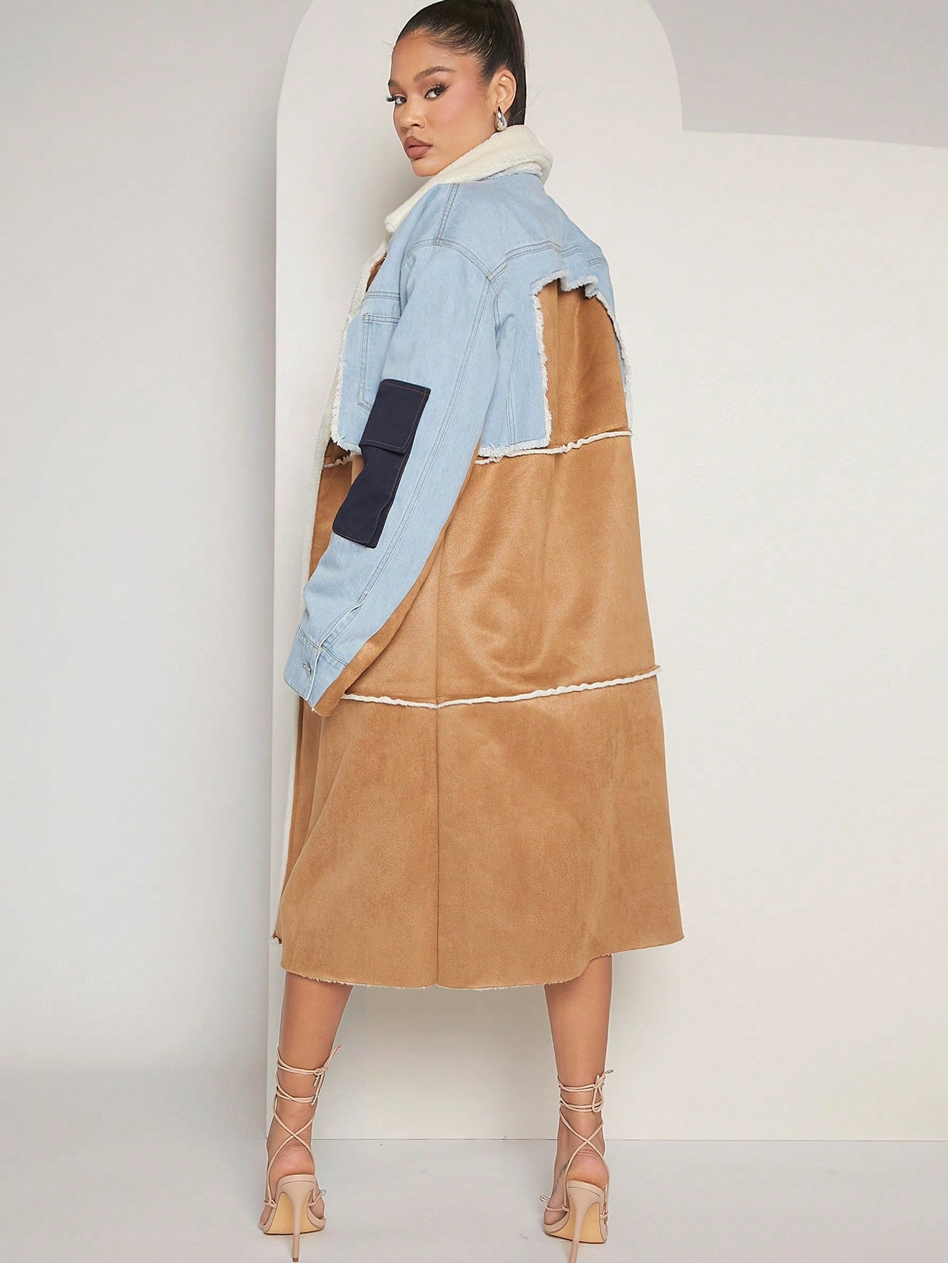 Haute Colorblock Lapel Neck Belted Coat 