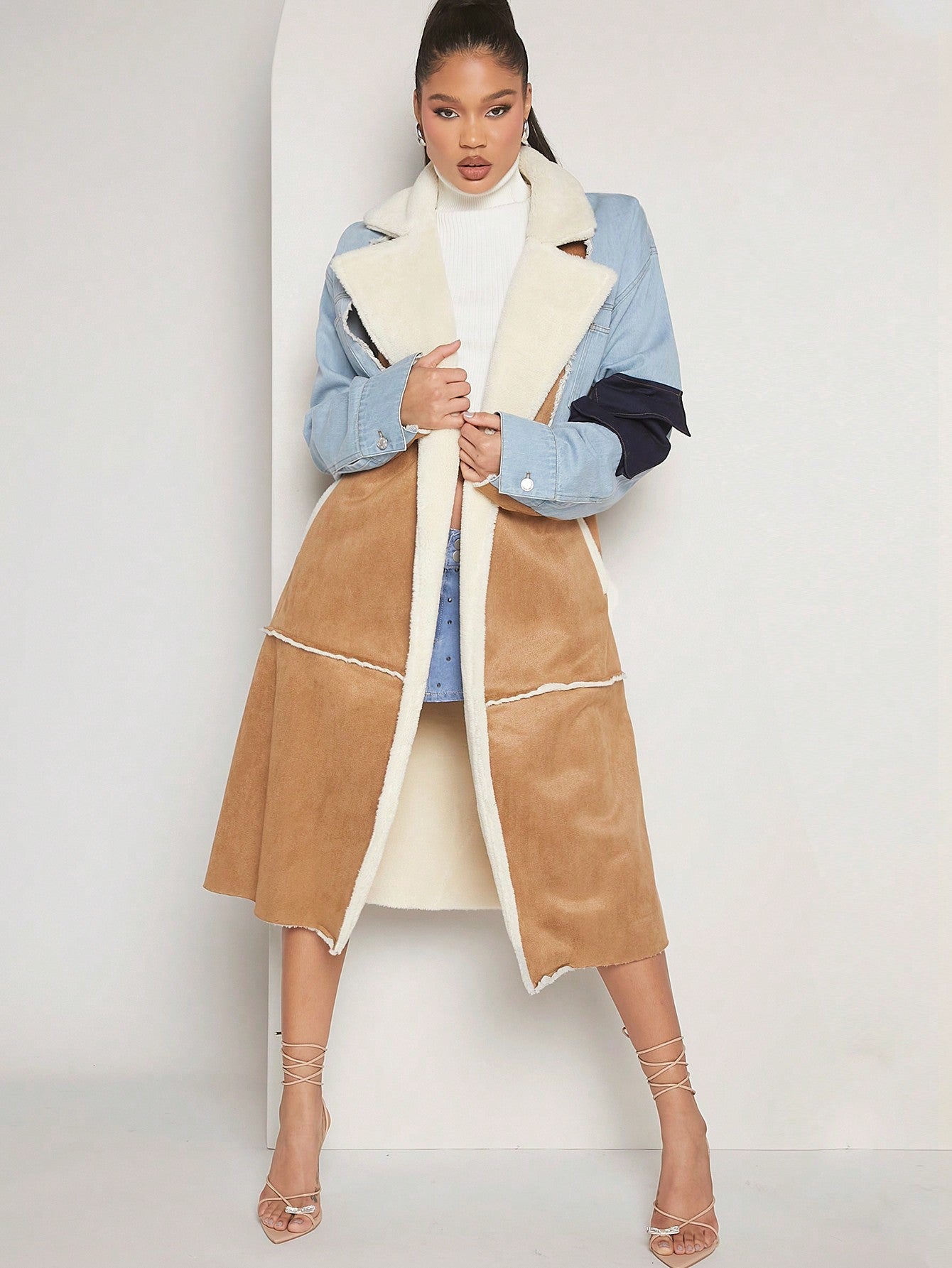 Haute Colorblock Lapel Neck Belted Coat 