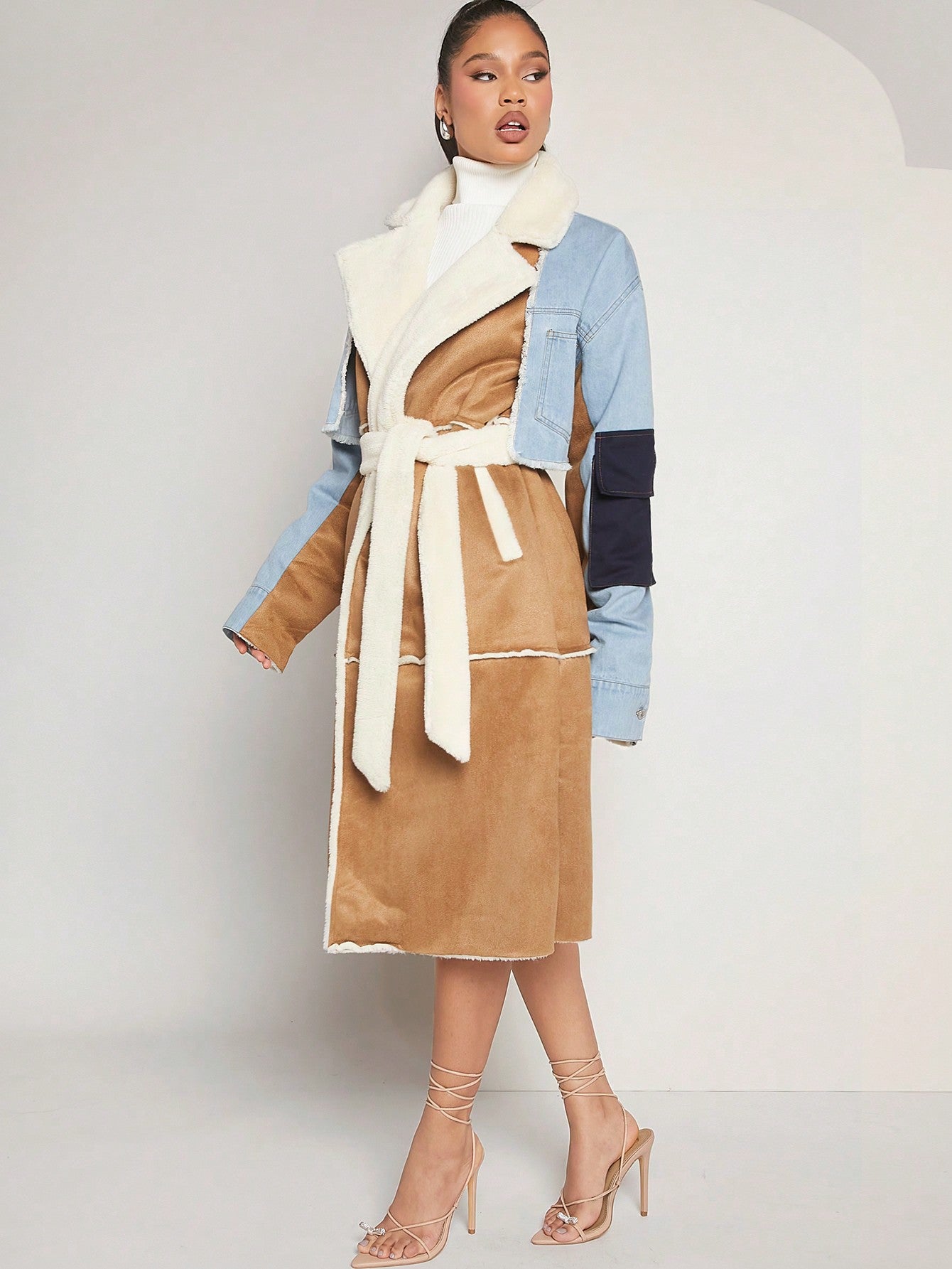 Haute Colorblock Lapel Neck Belted Coat 