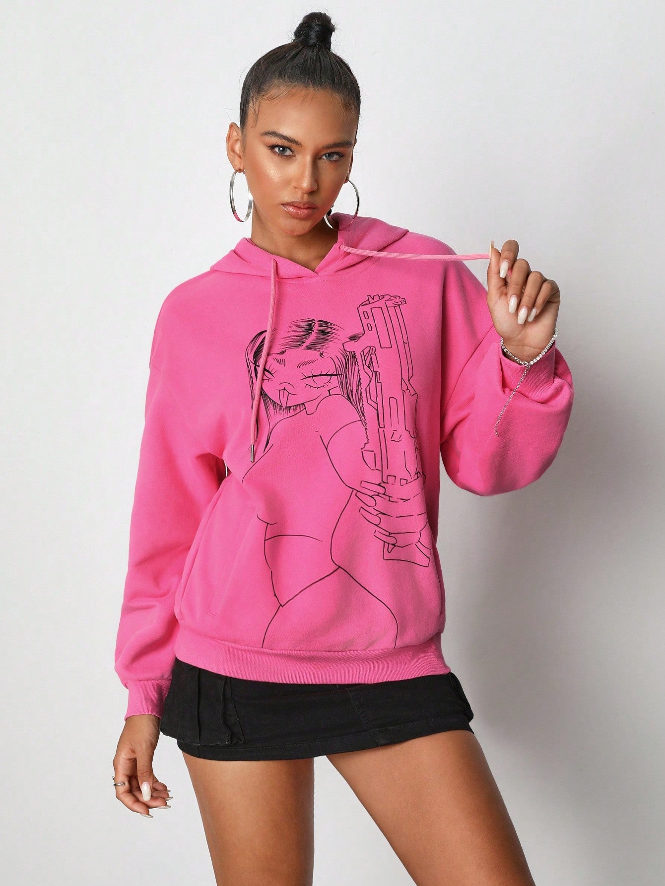 Cartoon Character Printed Drawstring Hoodie 